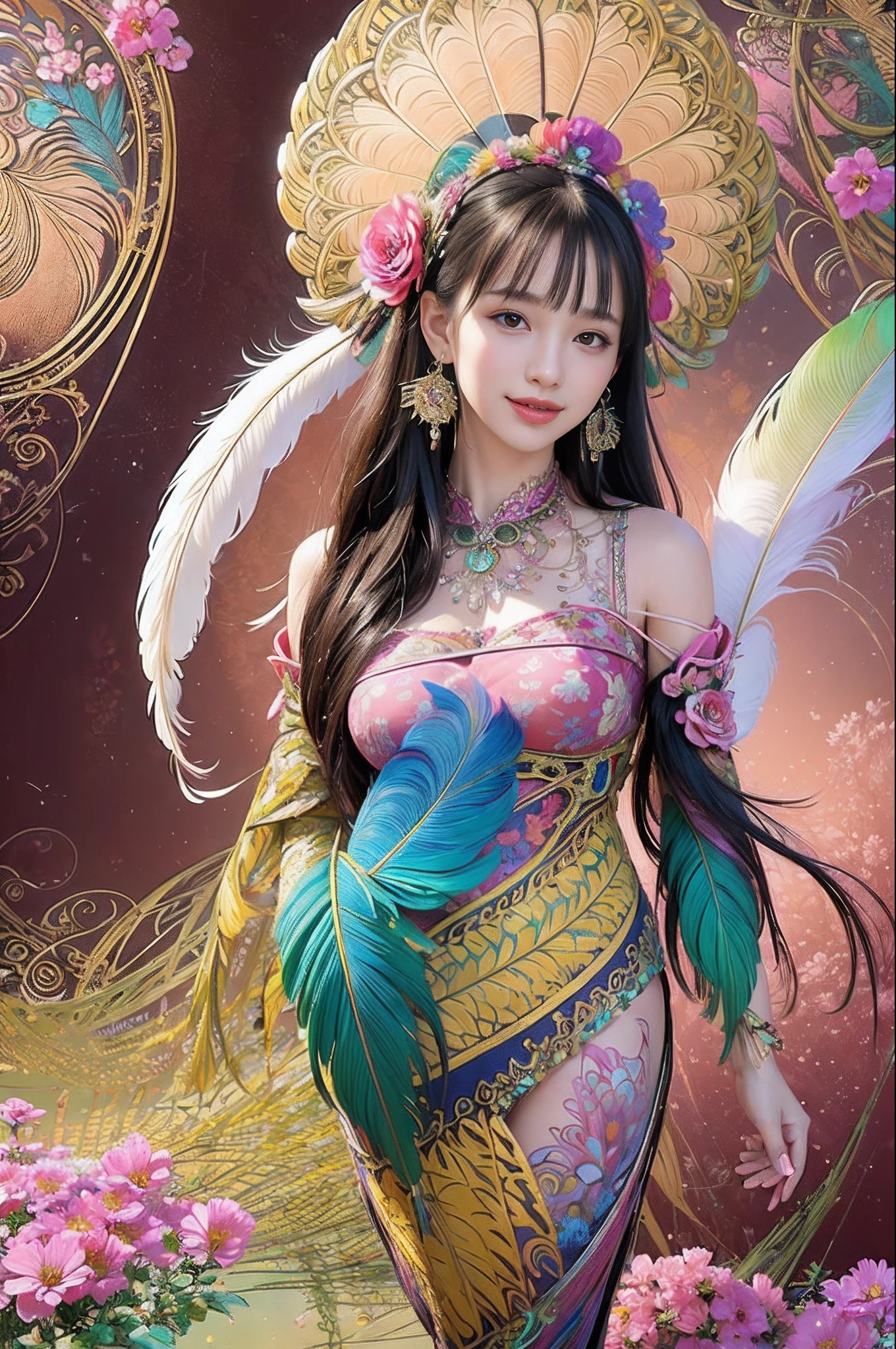 (masterpiece, top quality, best quality, official art, beautiful and aesthetic:1.2), (1girl:1.3), extremely detailed,(fractal art:1.1),(colorful:1.1)(flowers:1.3),highest detailed,(zentangle:1.2), full body, (abstract background:1.3), (shiny skin), (many colors:1.4), ,(earrings), (feathers:1.5), joyful smile