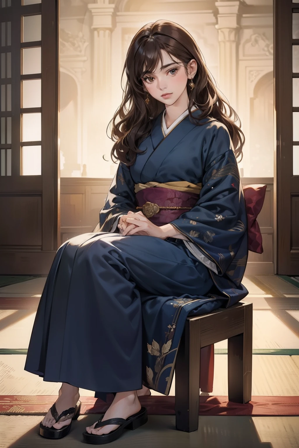 portrait of beautiful woman, in the palace, soft smile portrait, subtle features, intricate details, calm composition, tension, less contrast, texture, realism, high-quality rendering, stunning art, high quality, film grain, Fujifilm XT3, detailed skin, ((long slight wavy dark brown hair)), ((brown eyes)), ((18 year old)), ((front bangs hair)), ((dark blue kimono)), ((royal look)), slight make up, mature female, full body, detailed
