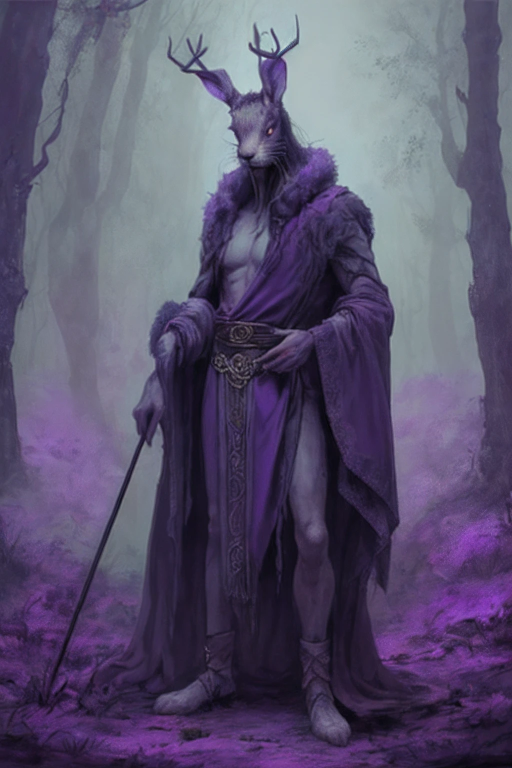 This is a slightly horror inspired art, the image shows a thin very tall man standing up, his hair is not human instead it's a hare with deer antlers where there was supposed to be ears, his fur is a very black purple, he is in a dark eerie purple forest and is using a cane, instead of clothes his purple fur covers him like a greek tunic. The image is Greek inspired.