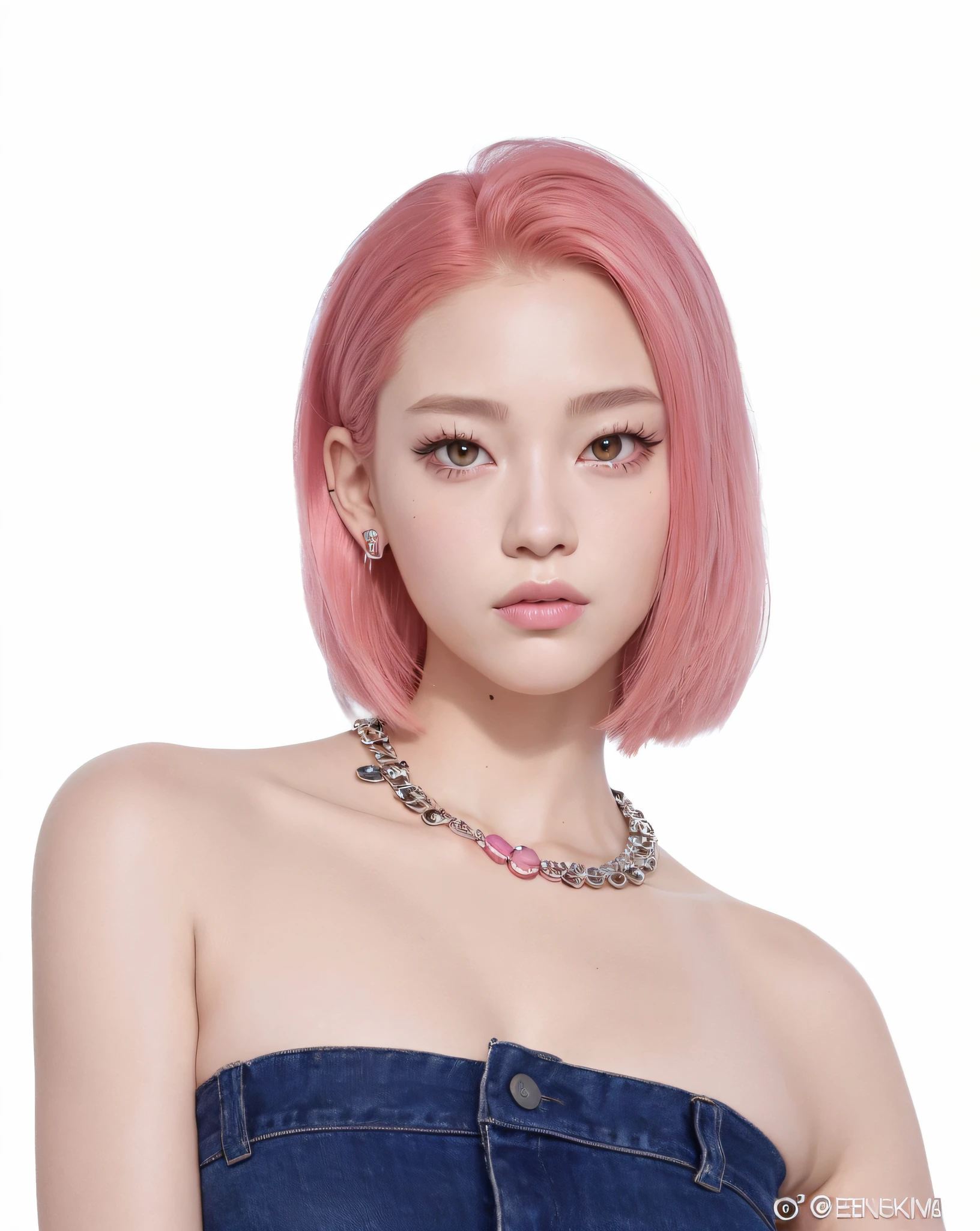 Close-up of a woman with pink hair and necklace, portrait of jossi of blackpink, inspired by Sim Sa-jeong, portrait jisoo blackpink, jossi of blackpink, roseanne park of blackpink, pink straight hair, inspired by Yanjun Cheng, pink wispy hair, Flowing pink hair, inspired by Jeong Seon, render of april, with pink hair