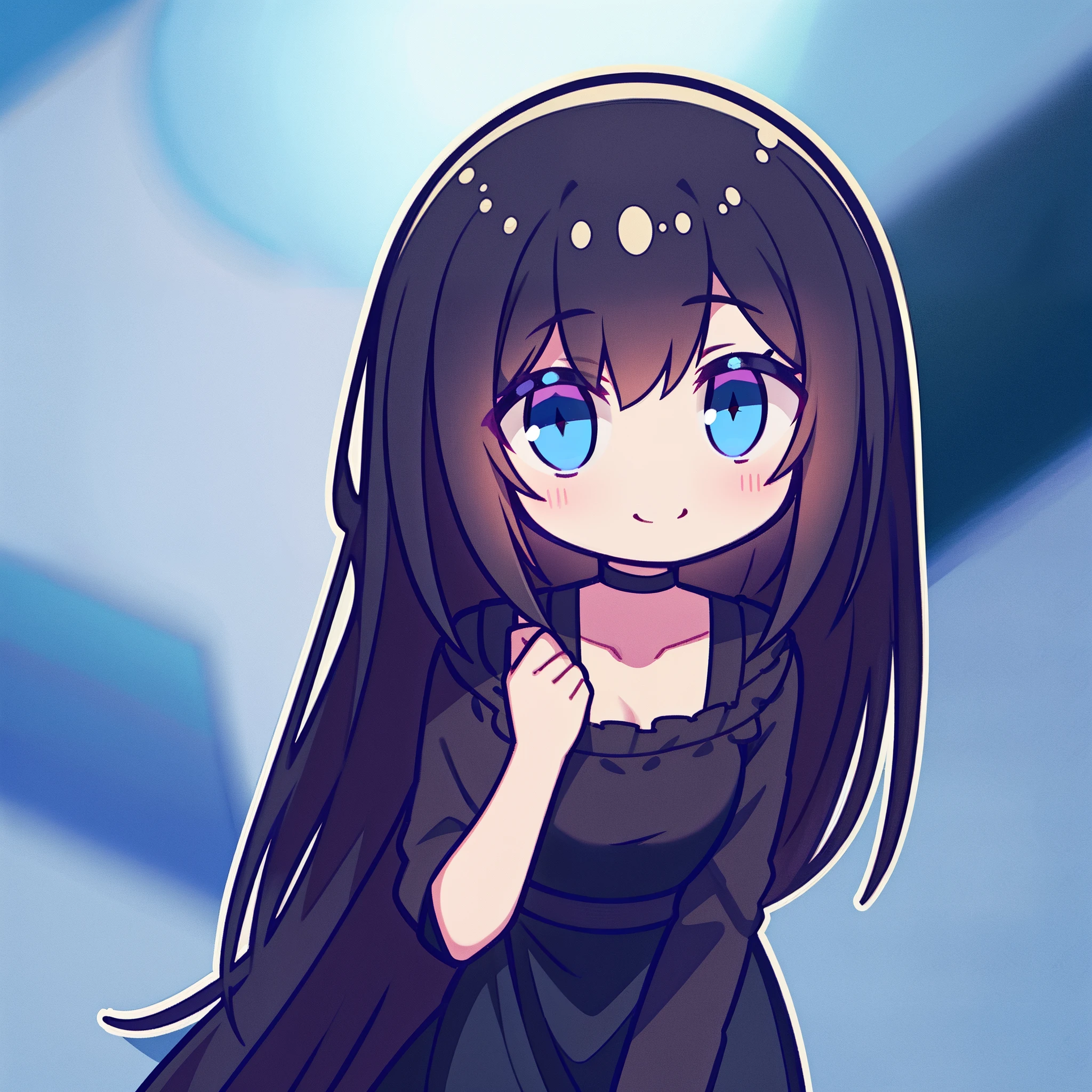 one-girl,Has dark black hair,Shining with bright blue eyes,Dressed in a black velvet shirt and a long black silk dress,Head down,Not looking at the camera,Hold your face with one hand,ssmile
