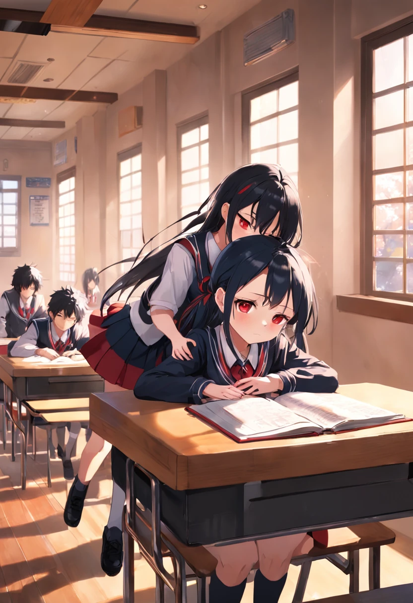 two guys,Long black and red hair of anime girl sitting in classroom in school uniform,Crawl on the table to sleep,Next to her was a man with short black hair。,Anime boy in school uniform,There are stacked books in front,The sun is shining outside the window, Boy looking at girl