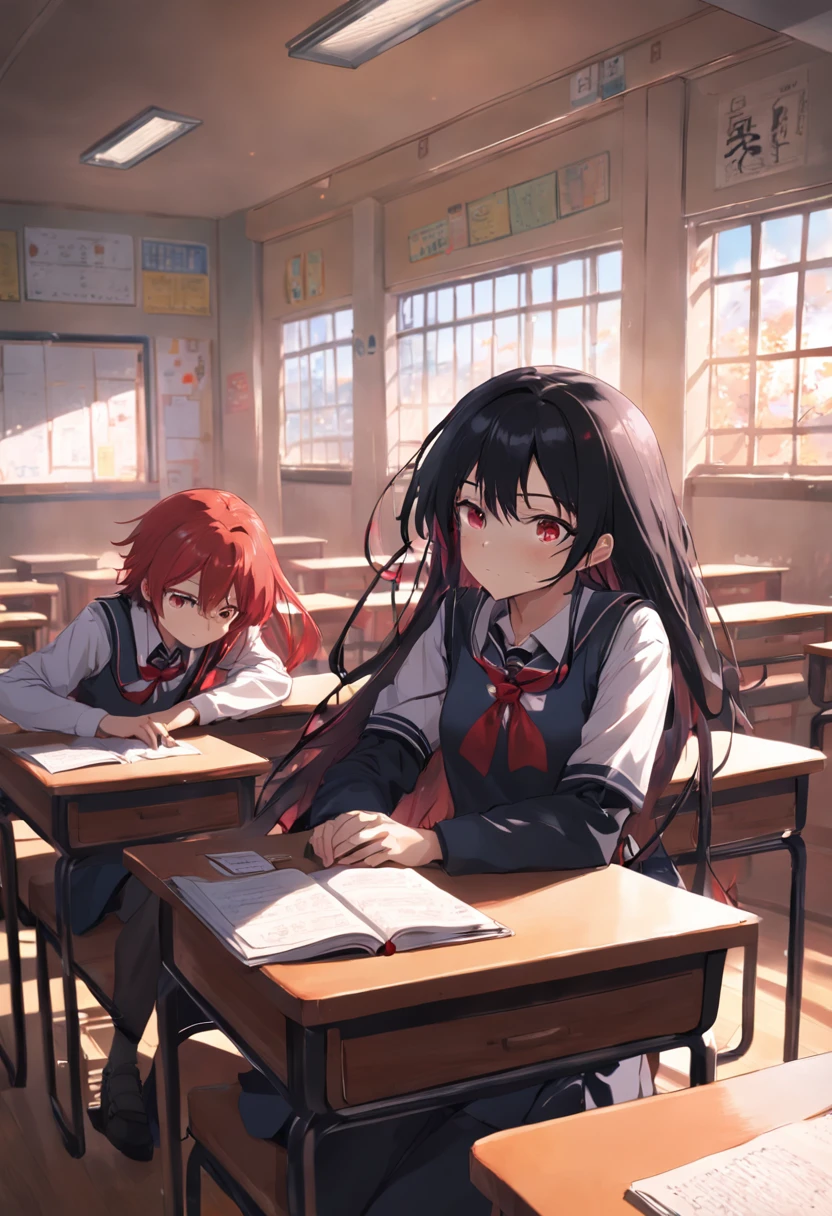 two guys,Long black and red hair of anime girl sitting in classroom in school uniform,Crawl on the table to sleep,Next to her was a man with short black hair。,Anime boy in school uniform,There are stacked books in front,The sun is shining outside the window, Boy looking at girl