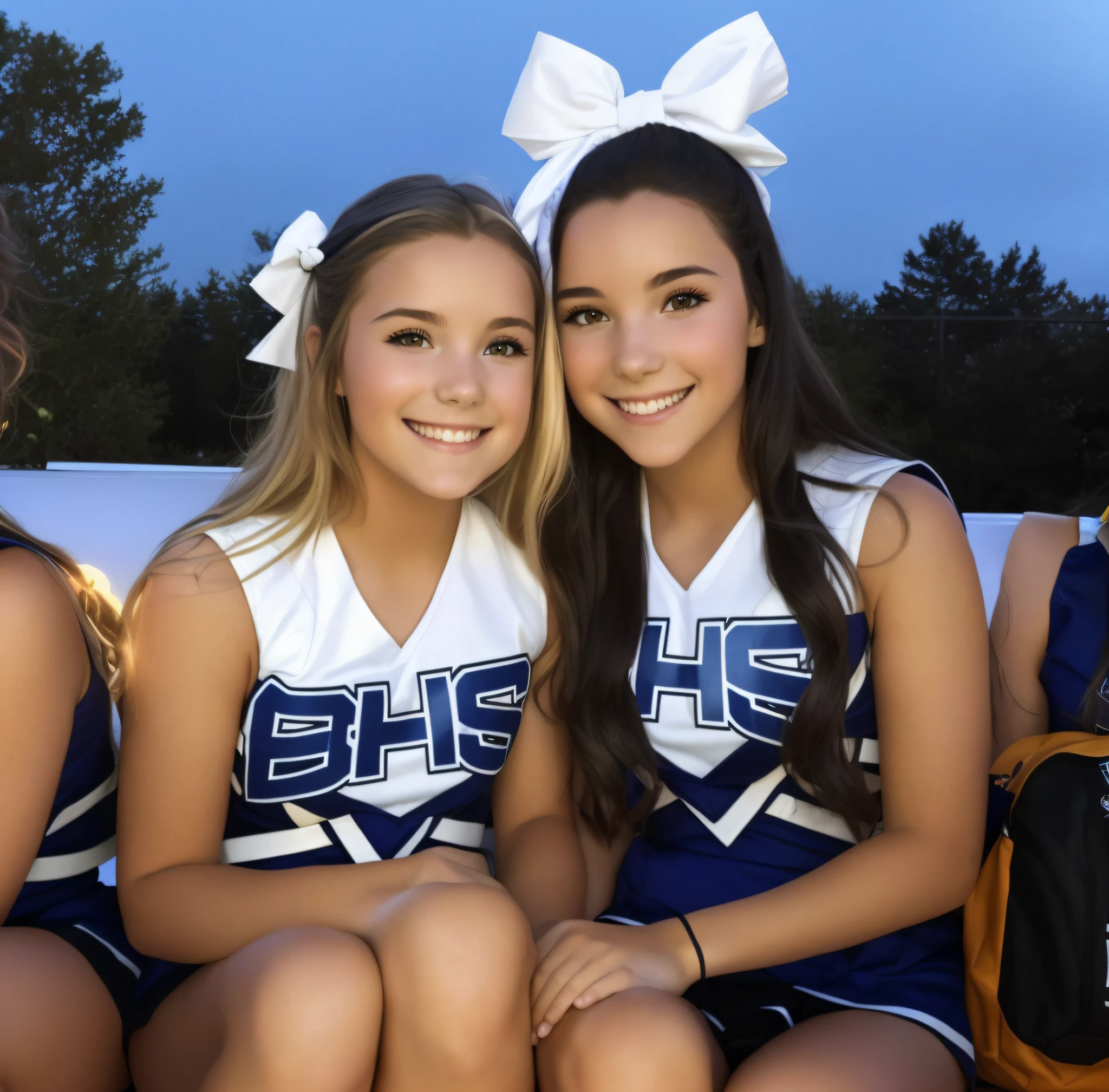 two girls in cheerleader outfits sitting on a bench with a backpack, bright smiles, cheering, high school, brooke ashling, beautiful views, bright scene, straight, camaraderie, profile picture, profile pic, by Jaime Colson, neil blevins and jordan grimmer, having a great time, by Heather Hudson, bright lights, by Carey Morris, beautiful faces