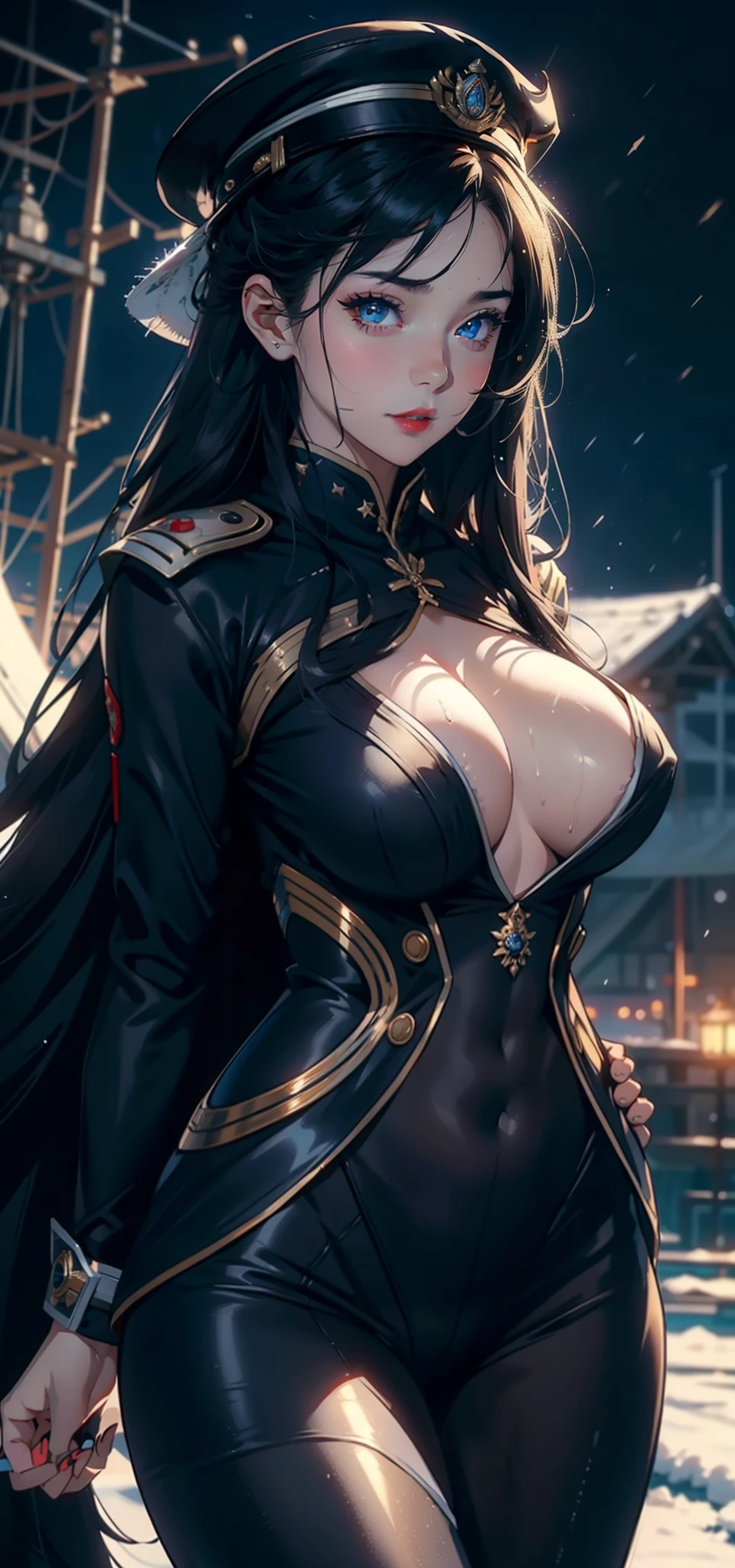 1womanl，33yo，熟妇，mature，extremely large bosom，Big breasts Thin waist，long leges，Raised sexy，Pornographic exposure， 独奏，Beauty contests，standing on your feet（Background with：the sea，snow mountains，warships，at winter season，Blizzarding，Big snowflakes）On warships， She has long black hair，Long hair flutters in the wind，Redlip，dynamicposes，Sweat profusely，drenched all over the body，seen from the front， hair straight， mostly cloudy sky，（（（tmasterpiece），（Very detailed CG unity 8K wallpaper），best qualtiy，cinmatic lighting，detailed back ground，beatiful detailed eyes，Bright pupils，（Very fine and beautiful），（Beautiful and detailed eye description），Blue eyes，Redlip，ultra - detailed，tmasterpiece，）），facing at camera，（The upper part of the body），A high resolution，ultra - detailed），revealing breasts，Bare genitalia，  Bulge，legs are open，sexyposture，Camel toes，Flushed complexion，Open-mouthed，frontage，British officer，Officer's cap，elementary student（Wearing：Black cape，Down jacket White officer transparent uniform，Sexy leggings，Bare breasts，Bare genitalia，Armour，Gold wire embroidery，Snowflake decoration，Sci-fi futuristic style）