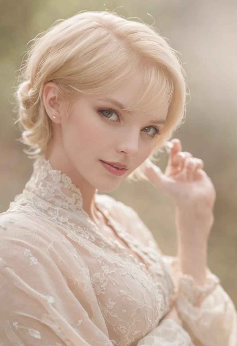 Elegant and charming male vampire，Ruby eyes，Short blonde hair，Exudes a brilliant light，Exudes a charming smile