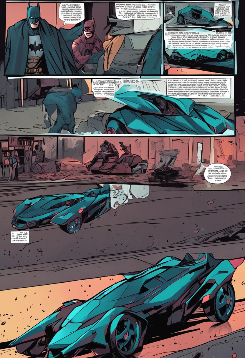 carro do batman futurista no ano de 2099 que voa em um cenario dark