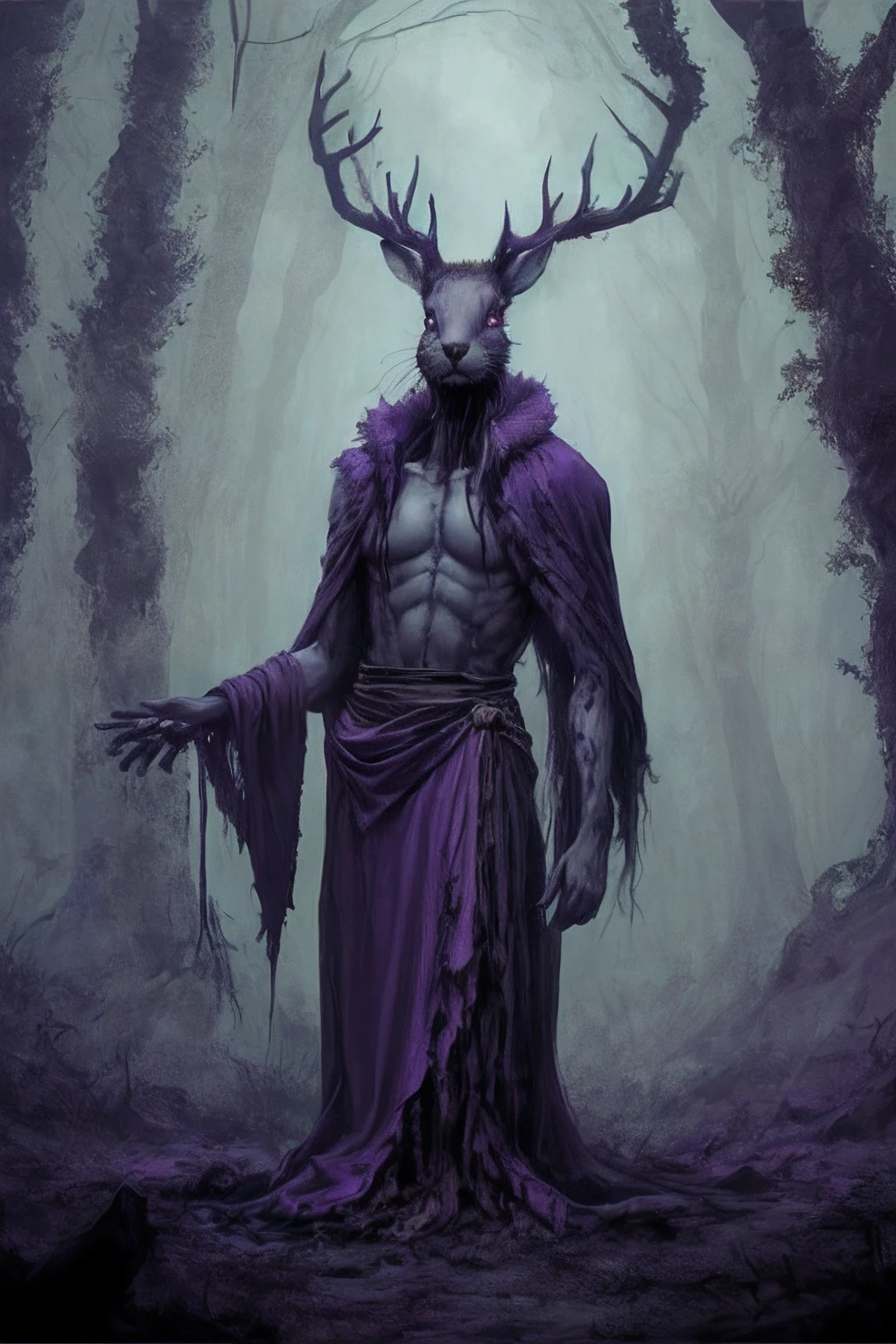 This is a slightly horror inspired art, the image shows a thin very tall man standing up, his hair is not human instead it's a hare with deer antlers where there was supposed to be ears, his fur is a very black purple, he is in a dark eerie almost black purple forest, instead of clothes his purple fur covers him like a greek tunic. The image is Greek inspired. It is creepy and scary. A depiction of madness.