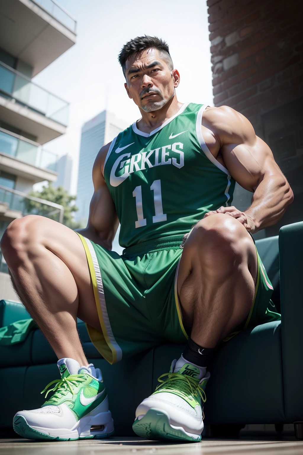 65-year-old middle-aged man,Man,grampa,Height 195,chineseidol,sitting in the couch,God perspective,The eyes are about to face each other,Chinese men,musculature,Lift one foot,Wear a sports vest,sweat shorts,The number 12 is written on the clothes,Fluorescent green and red and orange Nike high-leg basketball shoes,Cord,Chains,Ferocious and ferocious,The background is outdoors,Hold your hands on your knees