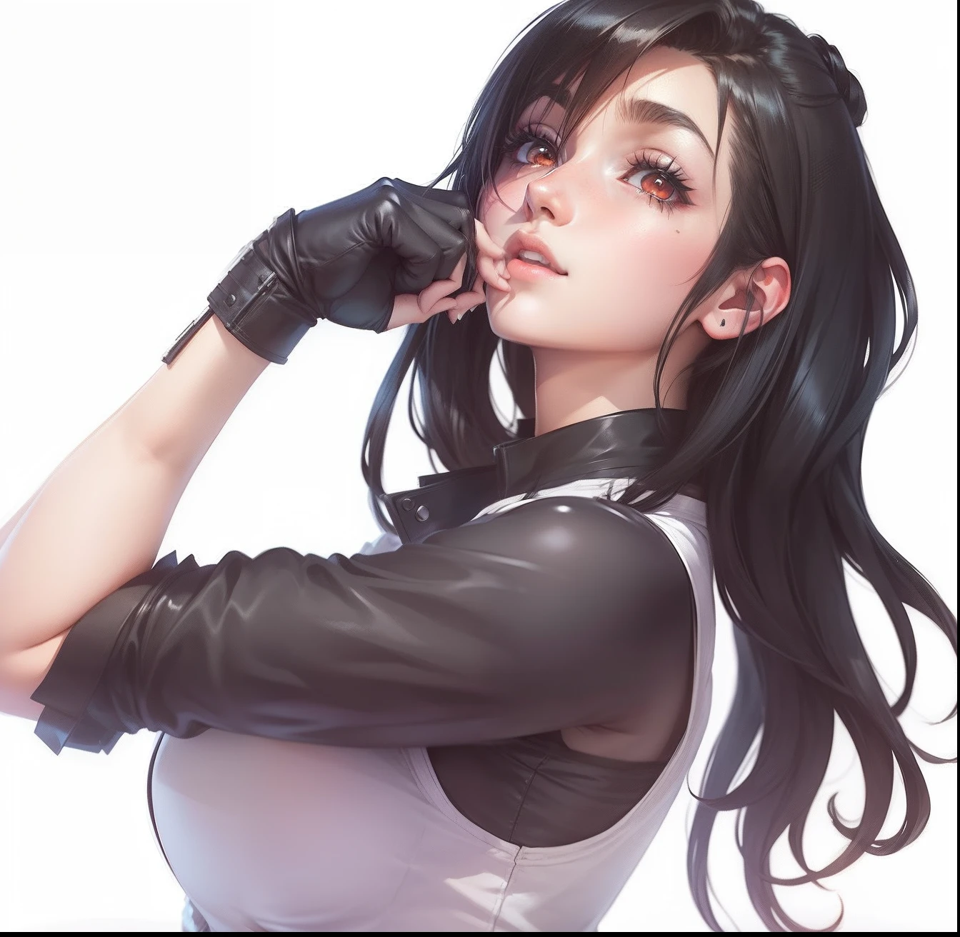 Woman, 30 years, adult, black hair, sexy lawyer, lawyer clothes, nigth, soft ligth, face detail, from above, fingers --style realistic-imagine -