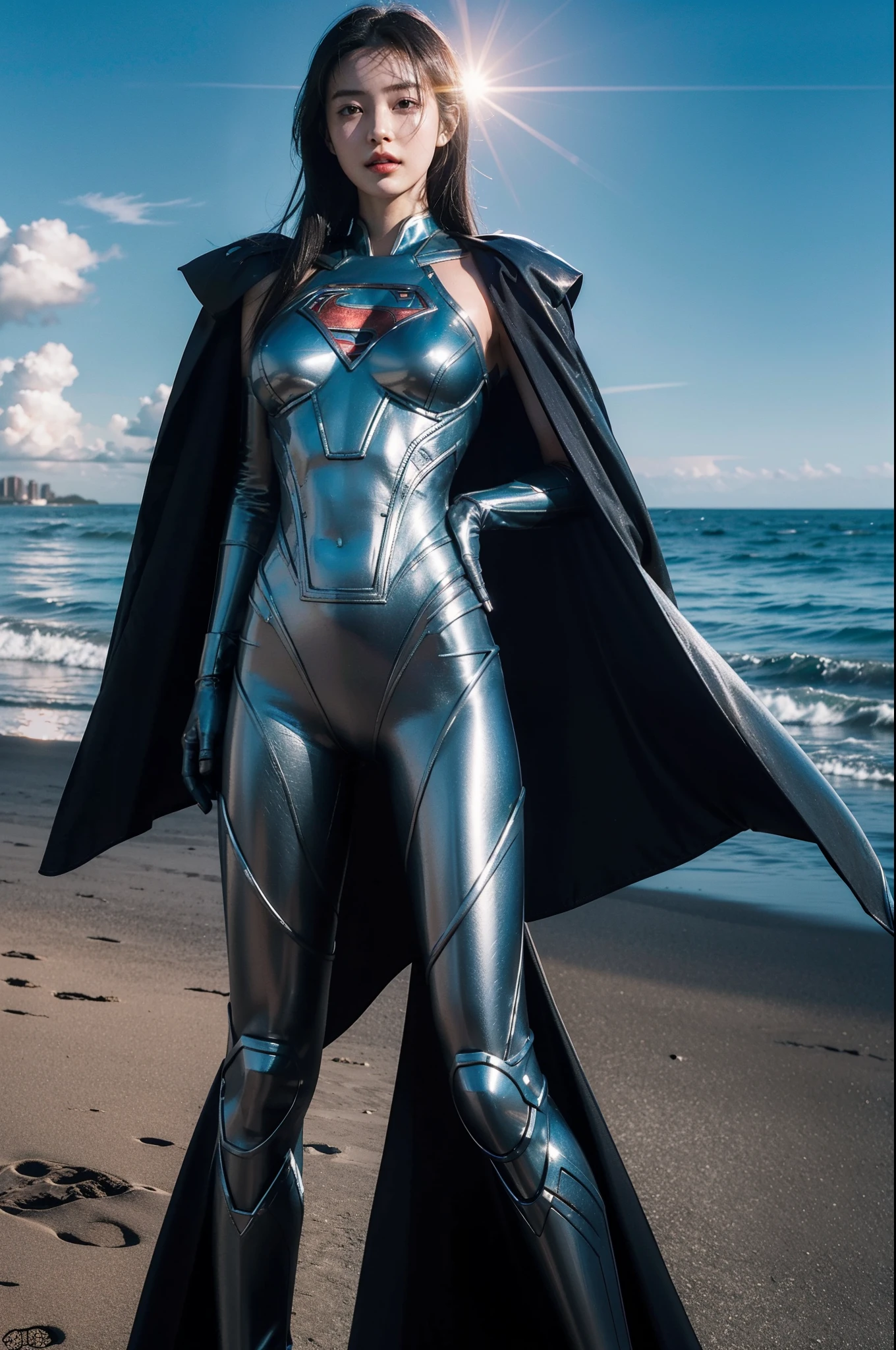 best qualtiy,Refined face,25岁少女,Slim body,A body made of metal,Bigchest,Superman uniform,beachside,Stand up,sea beach,There are huge spaceships floating in the air,cyber punk perssonage,Sci-fi,Bare breasts
