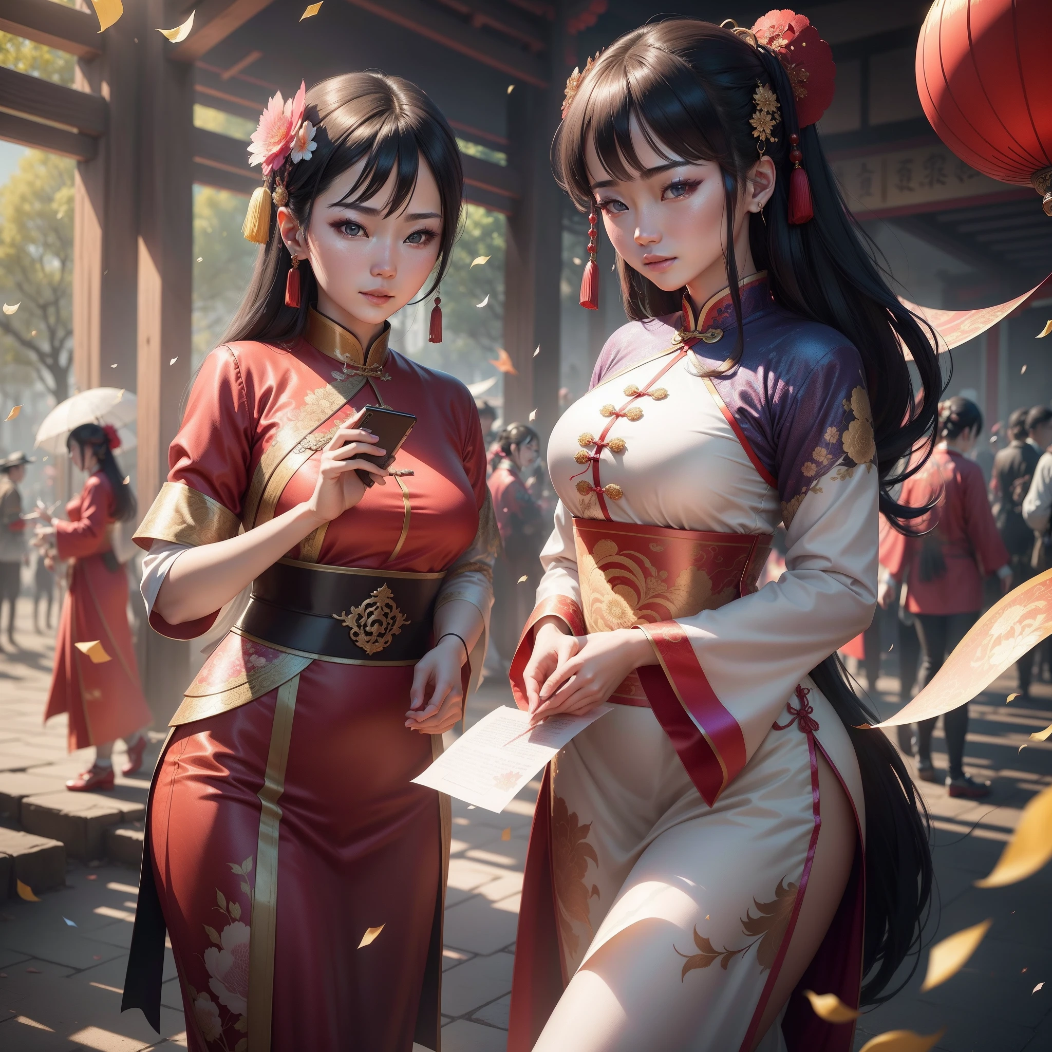 A beautiful chinese woman and her sistersenjoying the festival of the year of the dragon in china, flying papers in the sky and falling confetti, beautiful daylight shining, with iridescent light, highly detailed images, vibrant beautiful colours, photorealistic image, 8k, ultra HD, unreal engine rendered, cinematic lighting, artgerm style,