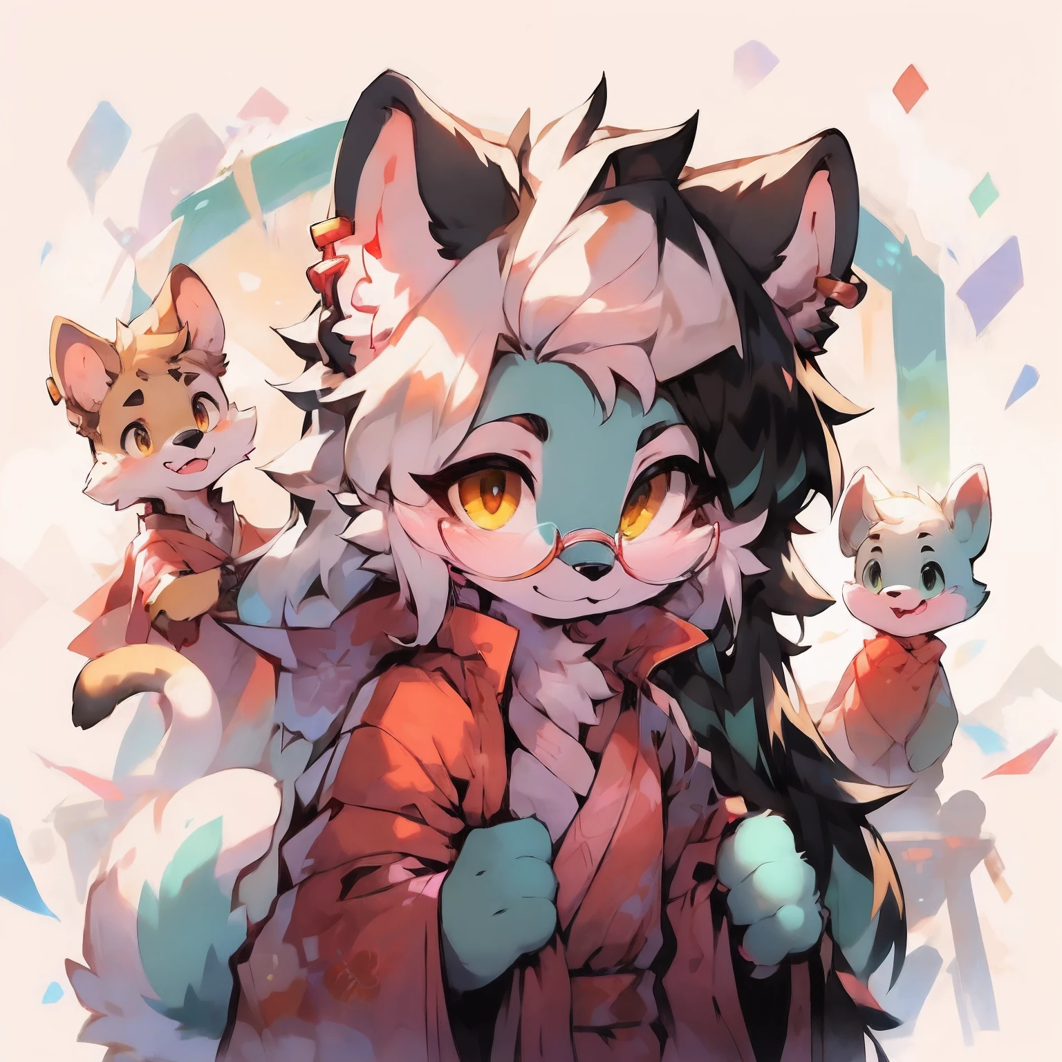 a cartoon picture of a female dog with long hair and a pink shirt, long haired humanoid fursona, female furry mini cute style, female fursona, portrait of ((mischievous)), furry character portrait, lowres, headshot of young female furry, furry fursona, , oc commission, she has only have blond fur color with a lot of big brown fur spots all around her body like a cheetah, no white fur color, she have amber eyes, she has long black hair, she has one silver earring on her right ear, she havs big floppy dog ears that bend forward talking to a a fully grown and mature and aged adult cat with big circle glasses and a red scarf, the cat is very tall. bushy tail, and perked-up fluffy big ears, one ear is lowered. He wears a fluffy warm and cozy kimono, a handsome cat fursona with teal fur color, the chest has white fur, white fur around mouth and cheeks, white hair, fluffy black cat ears, fluffy white neck, the are standing tall in a snowy place.