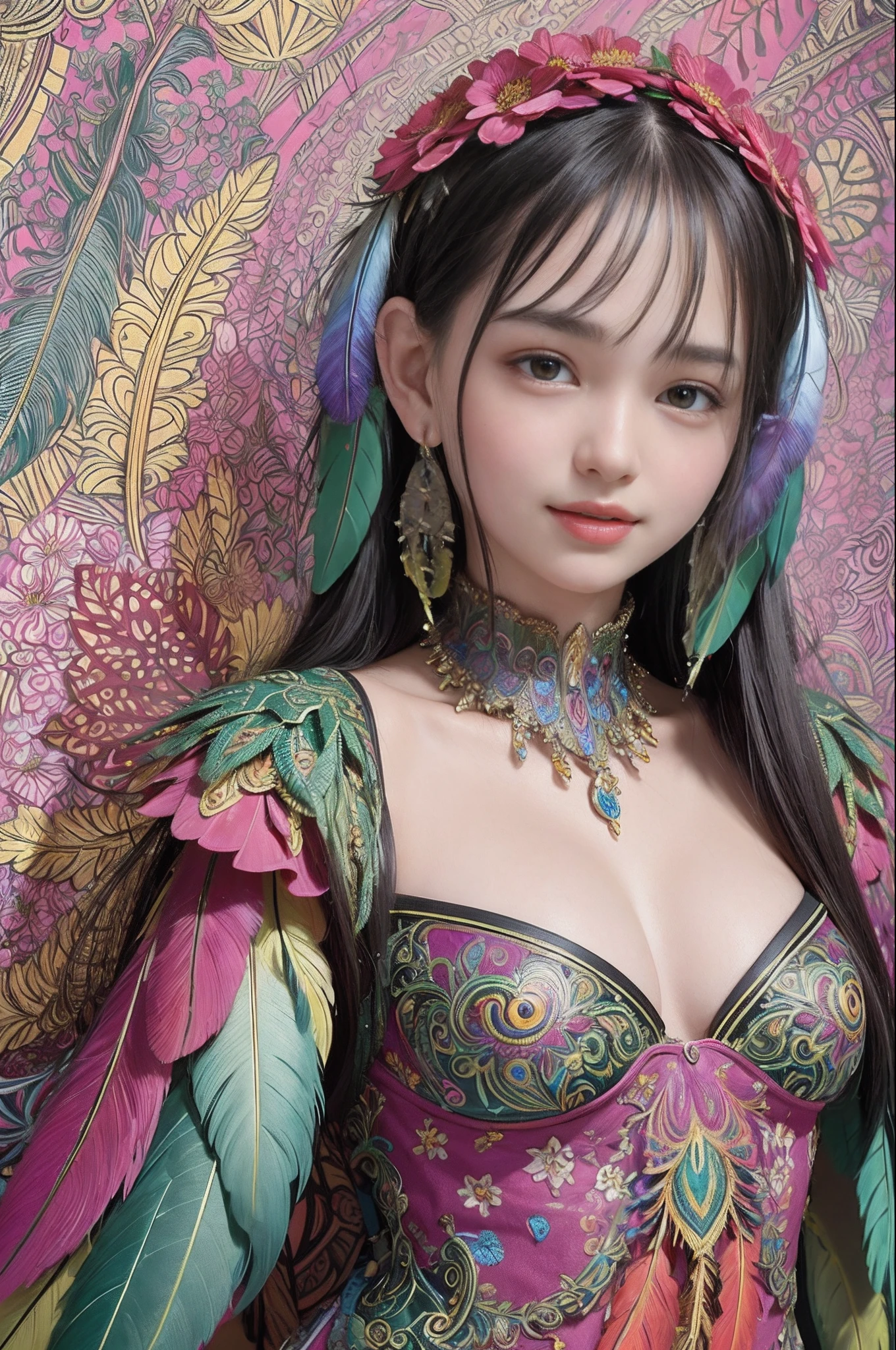 (masterpiece, top quality, best quality, official art, beautiful and aesthetic:1.2), (1girl:1.3), extremely detailed,(fractal art:1.1),(colorful:1.1)(flowers:1.3),highest detailed,(zentangle:1.2), full body, (abstract background:1.3), (shiny skin), (many colors:1.4), ,(earrings), (feathers:1.5), happy smile, vibrant