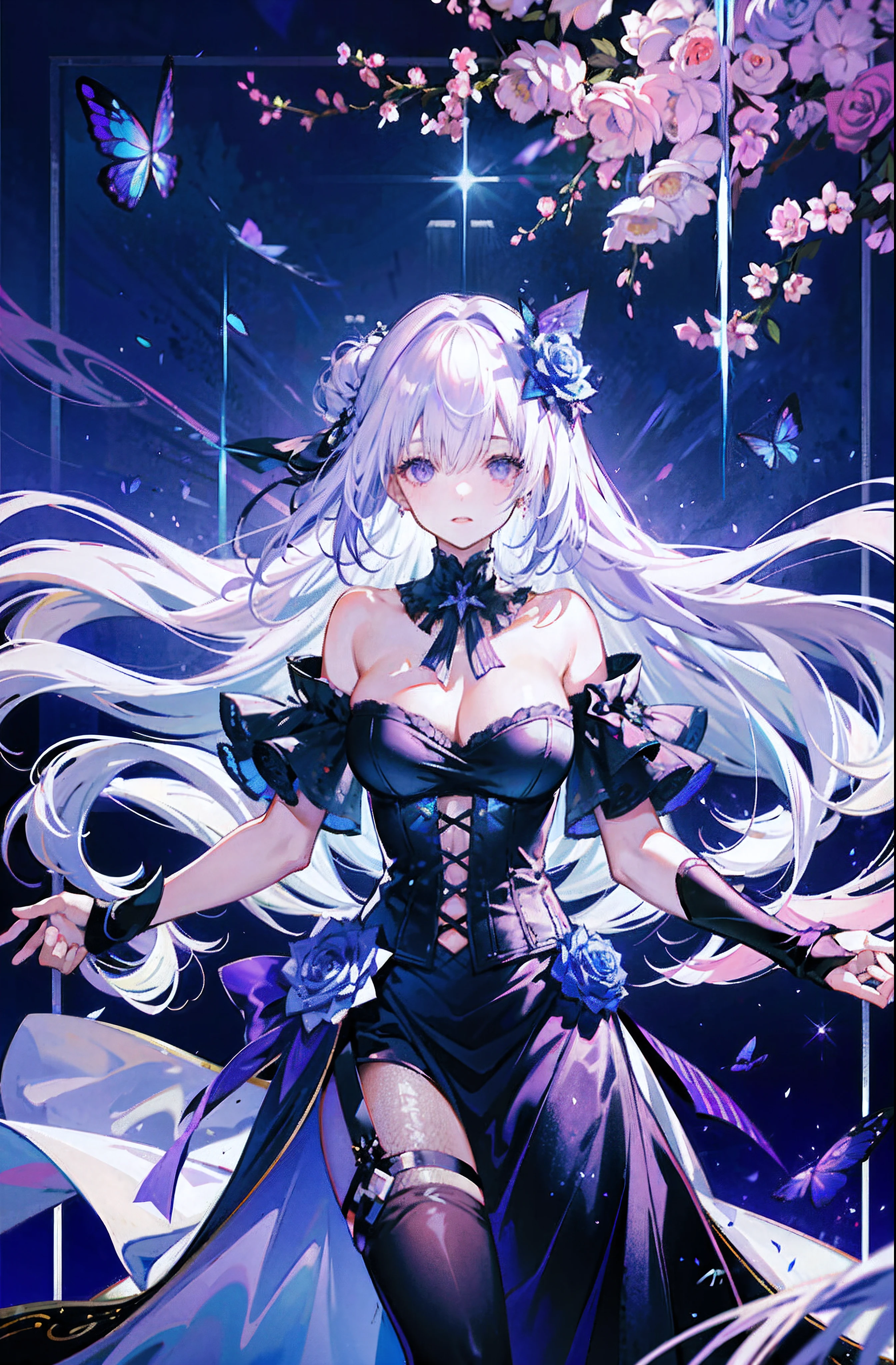 silber hair,butterflys,long whitr hair,8k wallpaper,detailedbackground,Highest high resolution,deep v big breasts,Hair over eyes,Bandeau,Church background,Purple roses,tight-fitting,themoon,stocklings,(2 girls,Twin sisters)