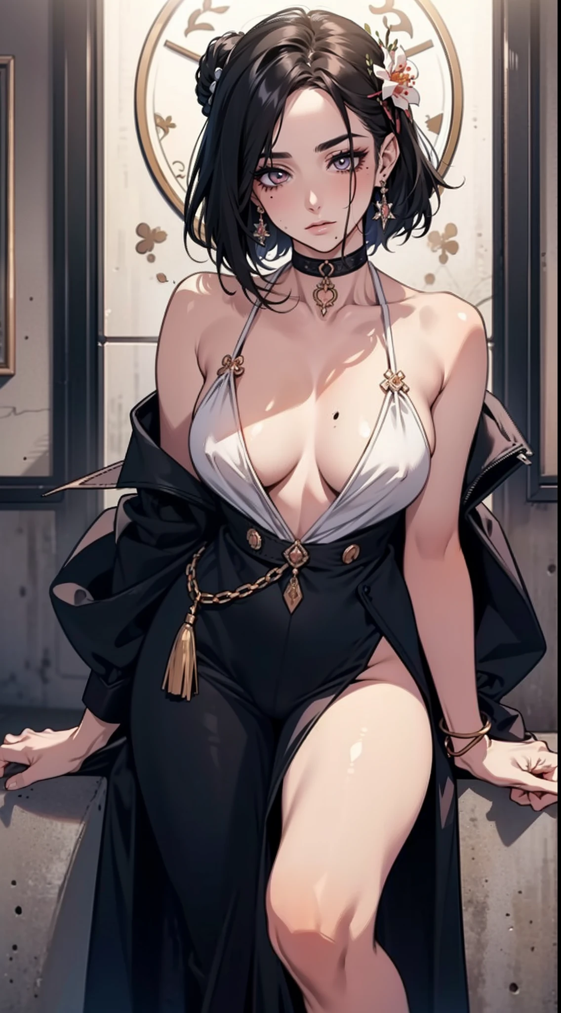 Competent professional women,workplace elite,Short ear-length hair,Heavy makeup,Smoky makeup,Peach blossom eyes,Moles in the corners of the eyes,耳Nipple Ring,choker necklace,There are moles at the corners of the mouth,very vey very detailed face,Delicate and delicate facial features,In black suit,sandals,Thick pubic hair,Pubic hair is exuberant,Lots of pubic hair,Thick pubic hair,Strong body hair,A foreign body is inserted into the,Wear handcuffs and leg irons,binding