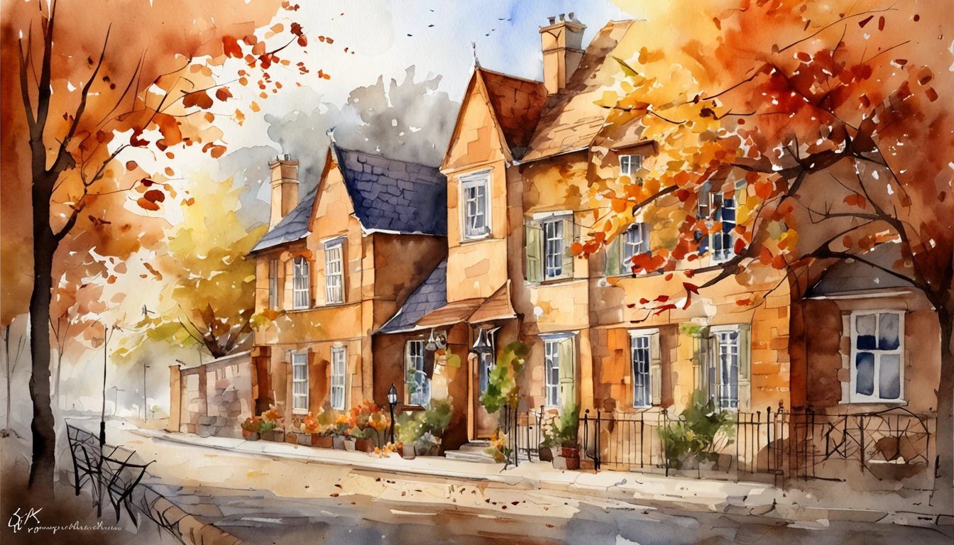 autumnal、Colored leaves、Former residential area，Red brick building，leaves falling，Colored leaves，Light yellow tones，super-fine，Carefully drawn，hight resolution、​masterpiece、ultra-detailliert、8K、