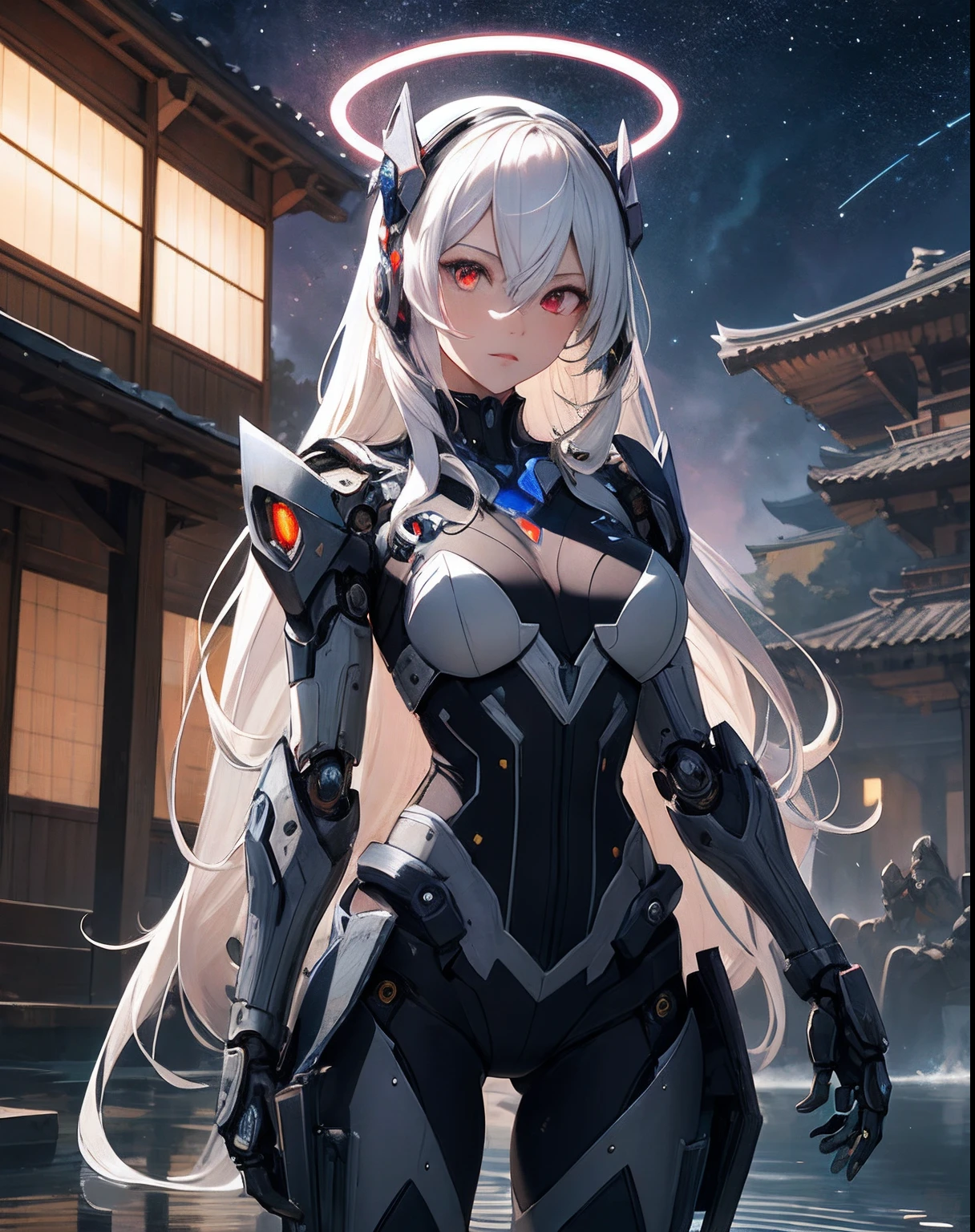 masterpiece,best quality,ultra-detailed,very detailed illustrations,extremely detailed,intricate details,highres,super complex details,extremely detailed 8k cg wallpaper,cowboy shot, caustics,reflection,ray tracing,demontheme,nebula,dark aura,cyber effect, (1girl:1.4),solo,alone,mecha musume,mechanical parts, robot joints,single mechanical arm, headgear, mechanical halo,star halo,intricate mechanical bodysuit, mecha corset, kimono, full armor, very long hair,white hair, hair between eyes, multicolored hair, colored inner hair, red eyes,glowing eye,eye trail, random expressions,random action, ancient japanese architecture,pond, starry sky,skyline,
