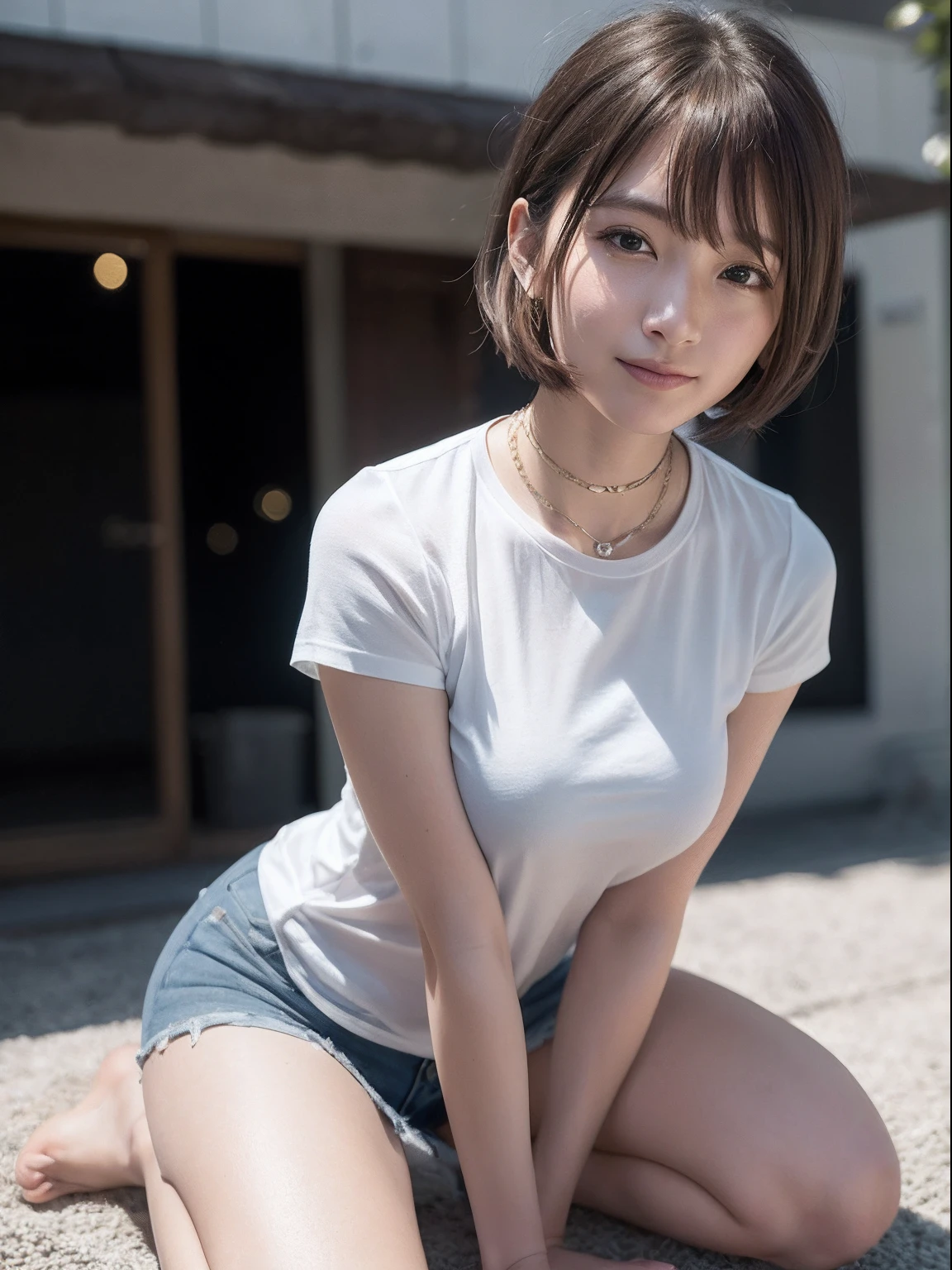 (Raw photography、top-quality)、(realisitic、Photorealsitic:1.3)、top-quality、masterpiece、extremely delicate and beautiful、extremely details CG、Unity、2k wallpaper、astonishing、finely detail、masterpiece、A smile、top-quality、the Extremely Detailed CG Unity 8K Wallpapers、huge filesize、ultra-detailliert、hight resolution、ighly detailed、bionde、1 Russian woman、41 years old、Slim Boti、(Wearing a small white shirt)、(Denim shorts:1)、(airy bangs)、(bionde)、looking at the viewers、 foco nítido、facial close-up、full body Esbian、perfect anatomia、Contrapo、low angles、pureerosface、Viewer's Perspective、Strong smile、, Blue eyes, city, absurderes