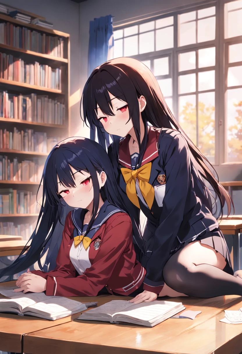 Two high school students,One is an anime girl with long black and red hair sitting in a classroom wearing a school uniform,Crawl on the table and fall asleep,The other is short black hair,Anime boy in school uniform,Two high school students had a stack of books in front of them,The sun is shining outside the window。