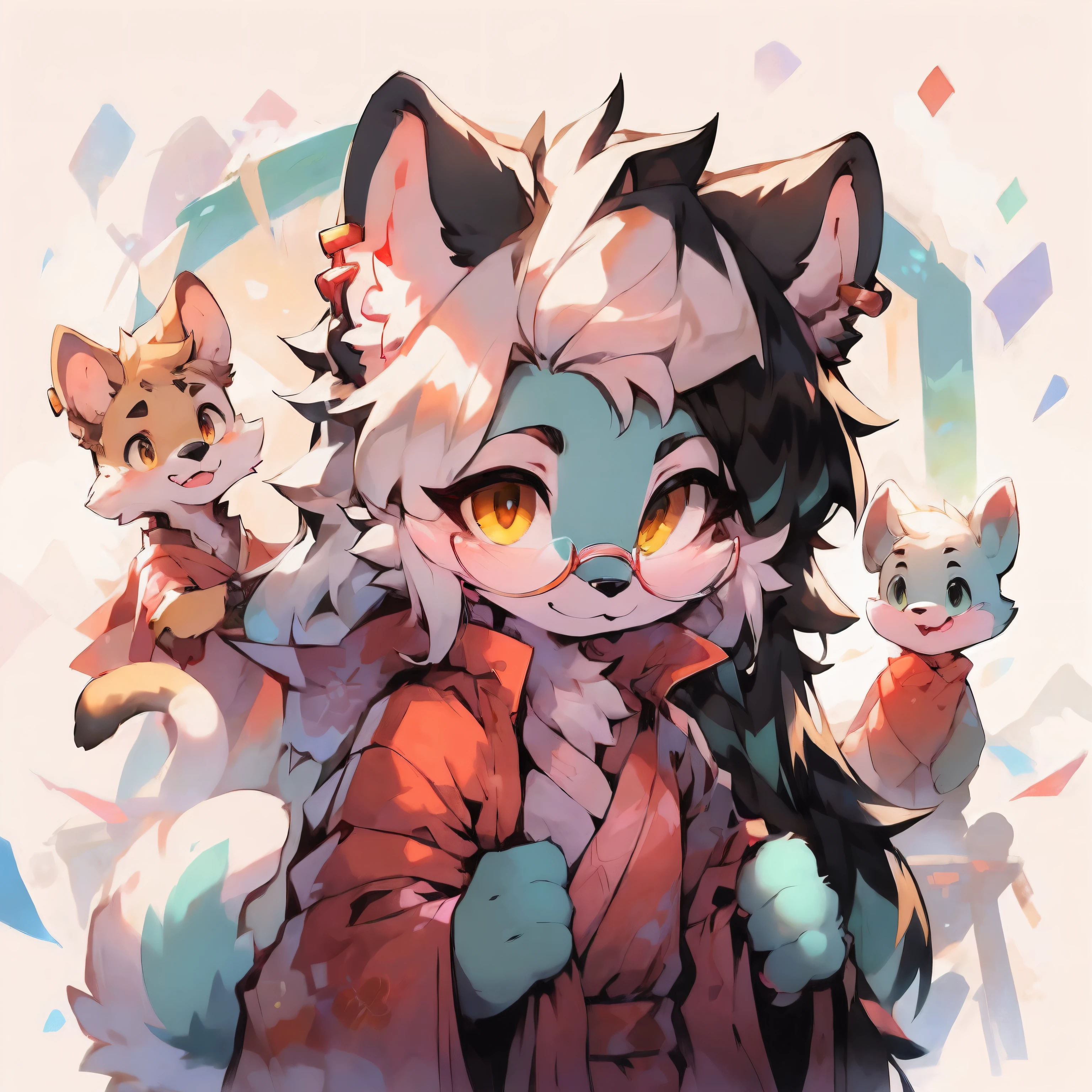 a  cartoon picture of a female dog with long hair and a pink shirt, long haired humanoid fursona, female furry mini cute style, female fursona, portrait of ((mischievous)), furry character portrait, lowres, headshot of young female furry, furry fursona, , oc commission, she has only have blond fur color with a lot of big brown fur spots all around her body like a cheetah, no white fur color, she have amber eyes, she has long black hair, she has one silver earring on her right ear, she havs big floppy dog ears that bend forward talking to a a fully grown and mature and aged adult cat with big circle glasses and a red scarf, the cat is very tall. bushy tail, and perked-up fluffy big ears, one ear is lowered. He wears a fluffy warm and cozy kimono, a handsome cat fursona with teal fur color, the chest has white fur, white fur around mouth and cheeks, white hair, fluffy black cat ears, fluffy white neck, the are standing tall in a snowy place.