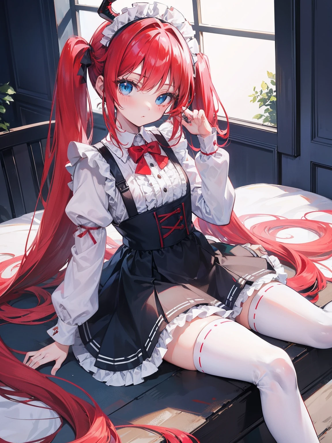 red hair,blue eyes,twintails,maid, long hair, long sleeves, gothic, solo, loli,Short skirt, white stockings,{{best quality}}, {{masterpiece}}, {{ultra-detailed}}, {illustration}, {detailed light}, {an extremely delicate and beautiful},little girl,cute,dragon horns