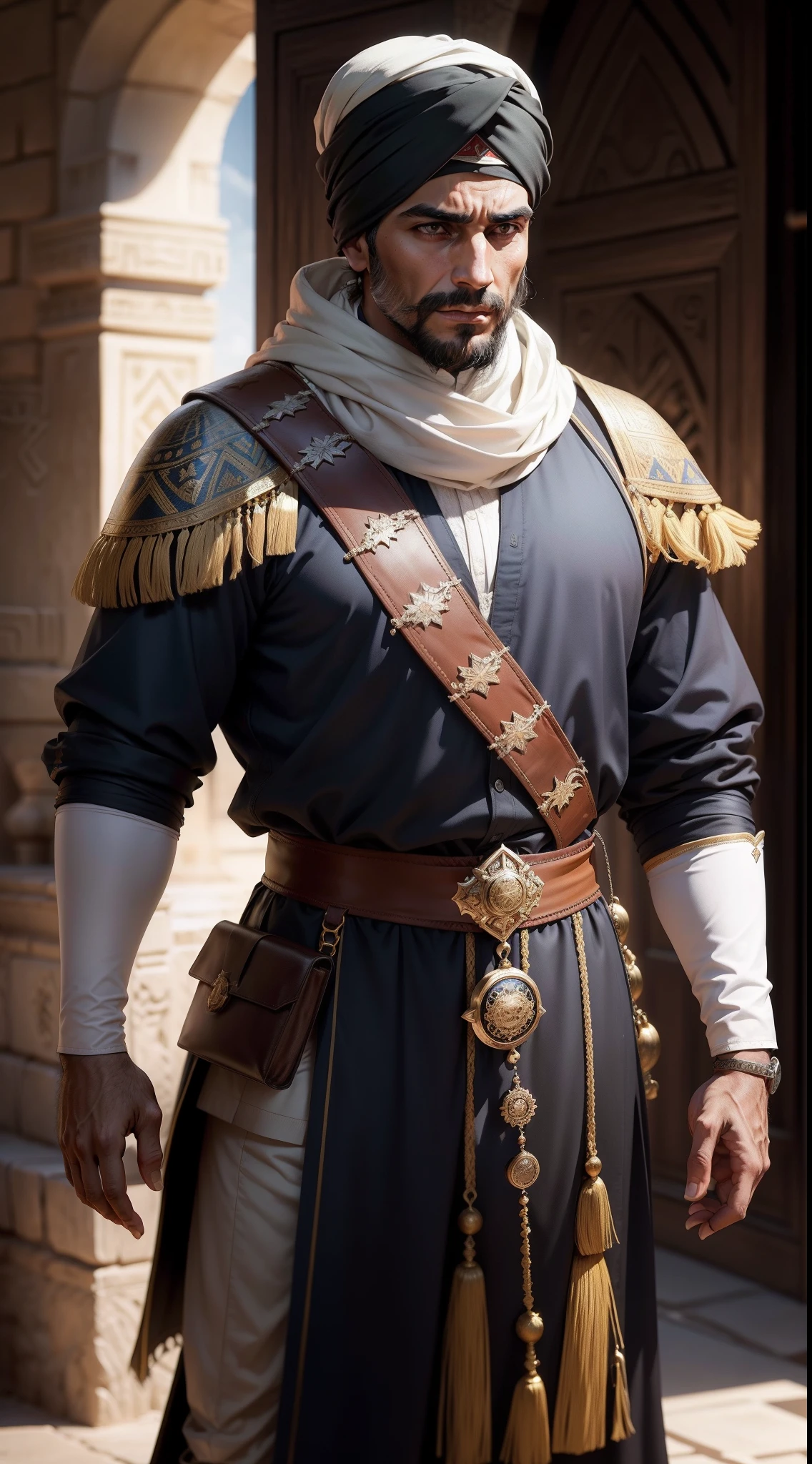 Amir Husain Al-Kurdi, Kurd Muslim Navigator, muslim navigator clothes, Egyptian, Mamluk Sultanate, 16th century, renaissance, age of exploration, middle-aged, very energetic, man, powerful, majesty, arabian elements in clothes, expensive muslim navigator clothes, luxurious muslim navigator clothes, arrogant, well-built, muscular, darkish skin, equipped with 1Machete, turban