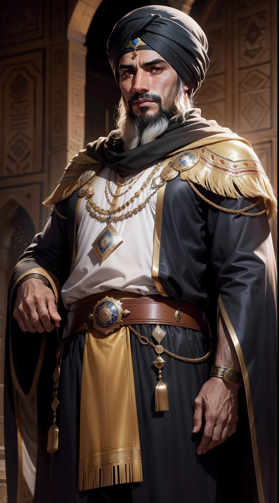 Amir Husain Al-Kurdi, Kurd Muslim Navigator, muslim navigator clothes, Egyptian, Mamluk Sultanate, 16th century, renaissance, age of exploration, middle-aged, very energetic, man, powerful, majesty, arabian elements in clothes, expensive muslim navigator clothes, luxurious muslim navigator clothes, arrogant, well-built, muscular, darkish skin, turban
