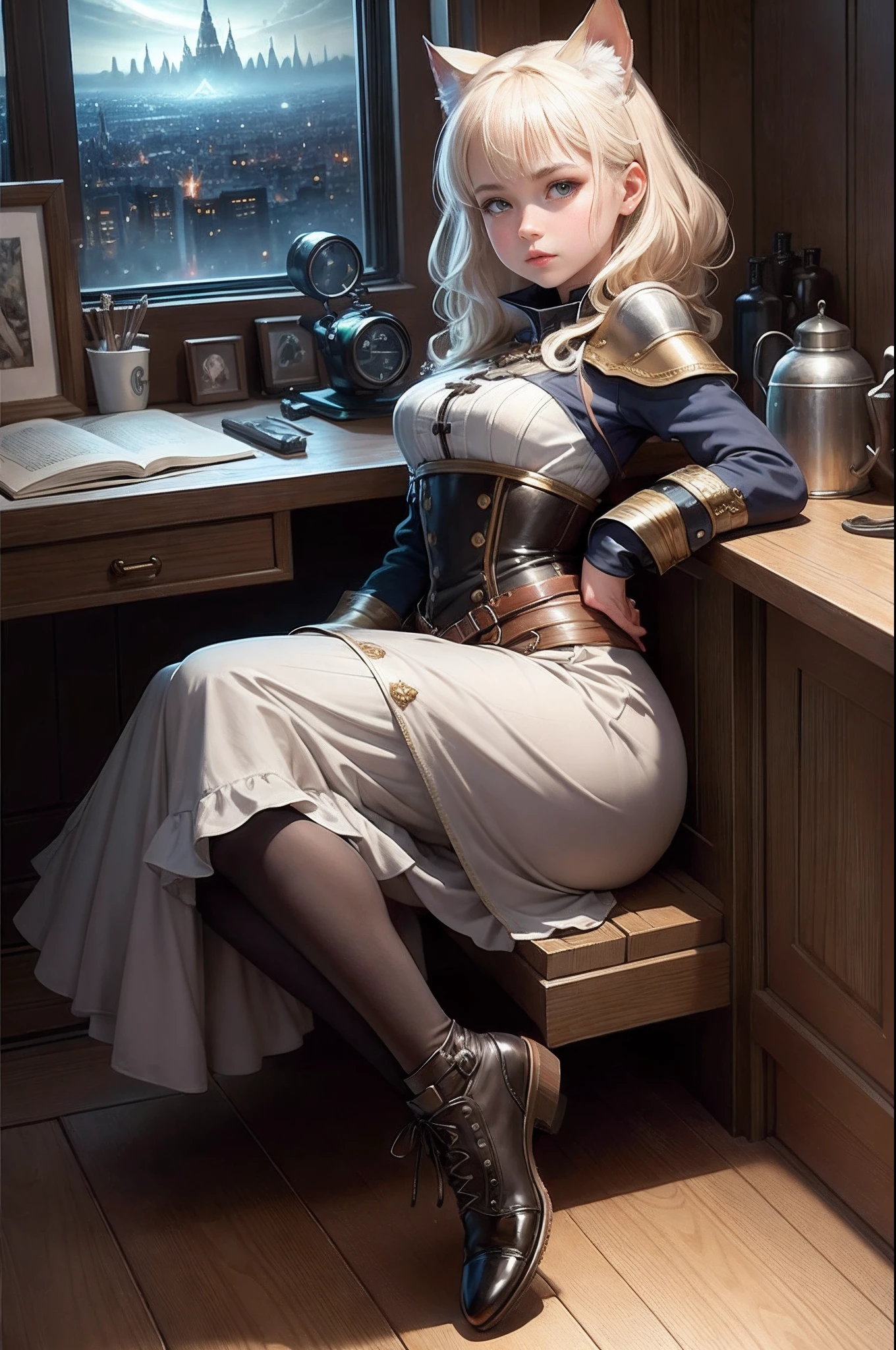 an oil painting、Fantasy 3D、Leyendecker's style、Beautiful Nordic girl、serene expressions、Pretty small face、Makeup is light、Two cat ears on the head、Short platinum blonde hair、middlebreasts、Leather shoes、big butts、slightly thicker legs、Full-body image、Long Sleeve Gothic Dress、long skirt、steampunc、Brass tank、Analog Meter、a lot of pipes and cables on the floor,,,、The city outside the window is glowing blue、spaceships、A space station、Three division methods