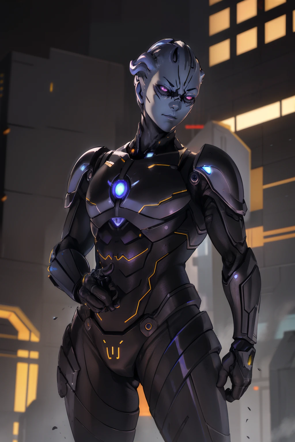 (anime), Portrait of a ((Asari)), blue_skin, (mature adult:1.5), ((female)), handsome straight face, ((yellow iris)), (((Black Sclera:1.4))), muscular, wearing futuristic armor, cyberpunk armor, ( (looking at camera)), (Front view), standing, [a spaceport on top of a building, CYBERPUNK CITY, Spaceships and flying cars in the background, outdoors] [Original character, volumetric lighting, Best Shadows , shallow depth of field, (very high quality, Incredible detail:1.25), (alone:1.3), Bright color paints, Finely detailed fingers, finely detailed hand, perfect_hands, finely detailed eyes, perfect_Students]