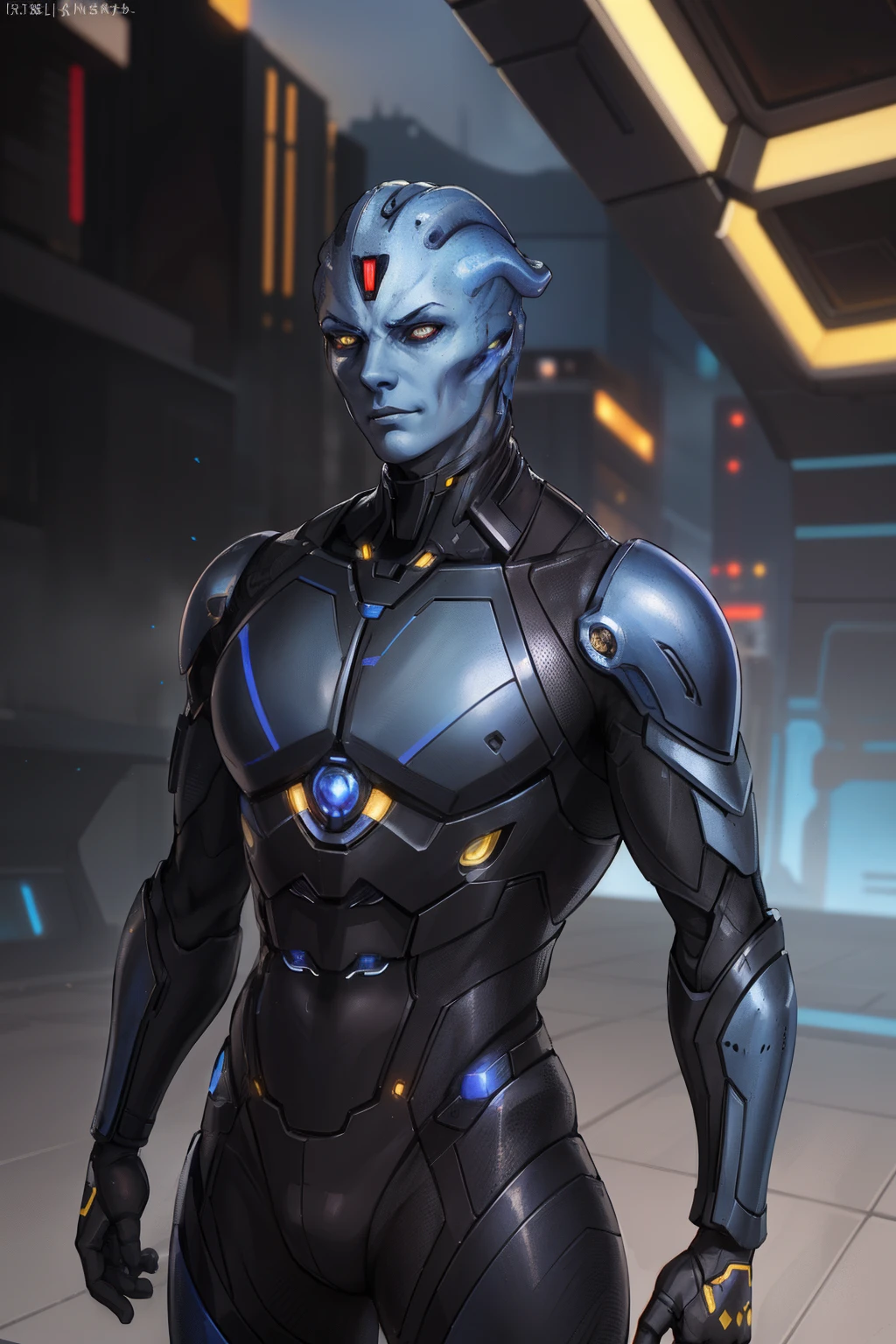 (anime), Portrait of a ((Asari)), blue_skin, (mature adult:1.5), handsome straight face, ((yellow iris)), (((Black Sclera:1.1))), muscular, wearing futuristic armor, cyberpunk armor, ( (looking at camera)), (Front view), standing, [a spaceport on top of a building, CYBERPUNK CITY, Spaceships and flying cars in the background, outdoors] [Original character, volumetric lighting, Best Shadows , shallow depth of field, (very high quality, Incredible detail:1.25), (alone:1.3), Bright color paints, Finely detailed fingers, finely detailed hand, perfect_hands, finely detailed eyes, perfect_Students]