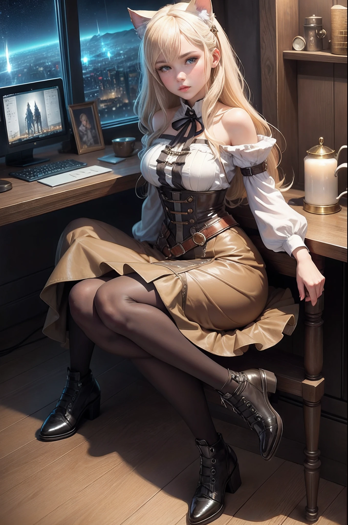 an oil painting、Fantasy 3D、Leyendecker's style、Beautiful Nordic girl、serene expressions、Pretty small face、Makeup is light、Two cat ears on the head、Short platinum blonde hair、middlebreasts、Leather shoes、big butts、slightly thicker legs、Full-body image、Long Sleeve Gothic Dress、long skirt、steampunc、Brass tank、Analog Meter、a lot of pipes and cables on the floor,,,、The city outside the window is glowing blue、spaceships、A space station、Three division methods