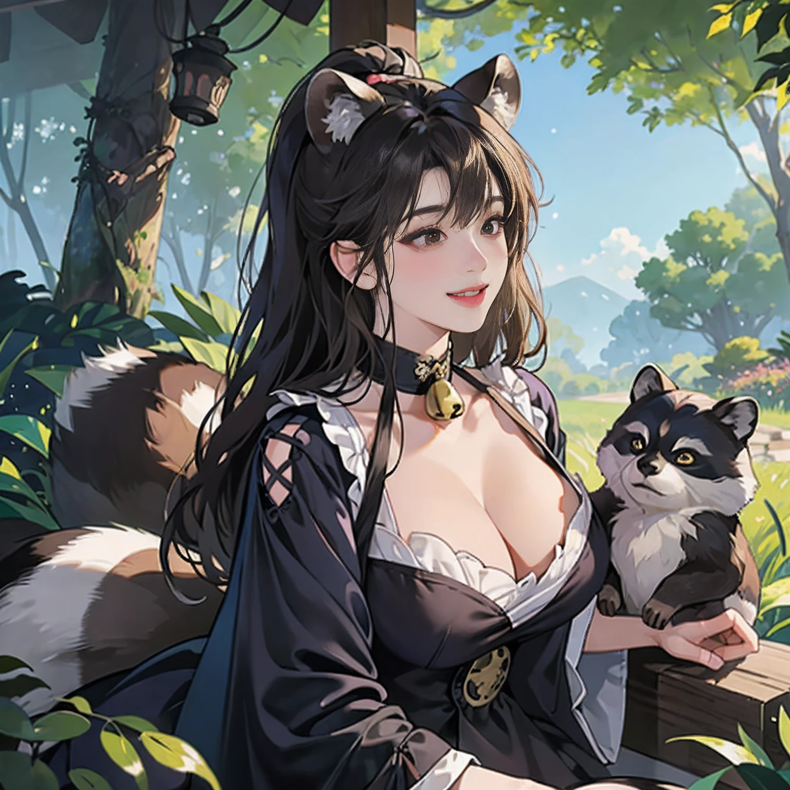 Women in Their 20s、 Fantasia、offcial art, unity 8k wall paper, ultra-detailliert, beautifly、Aesthetic, ​masterpiece, top-quality, Photorealsitic、Black eyes、Tanuki face、Tanuki Girl、Raccoon ears、Raccoon tail、Collar with bell:2.0、Brown and black fur dress、depth of fields, Fantastic atmosphere, Calm palette, tranquil mood, Soft shading、bbw、very large breast、plump figure、Huge breasts、In the dark forest、a plant、Happy smile、Playing with raccoon dogs、Temples
