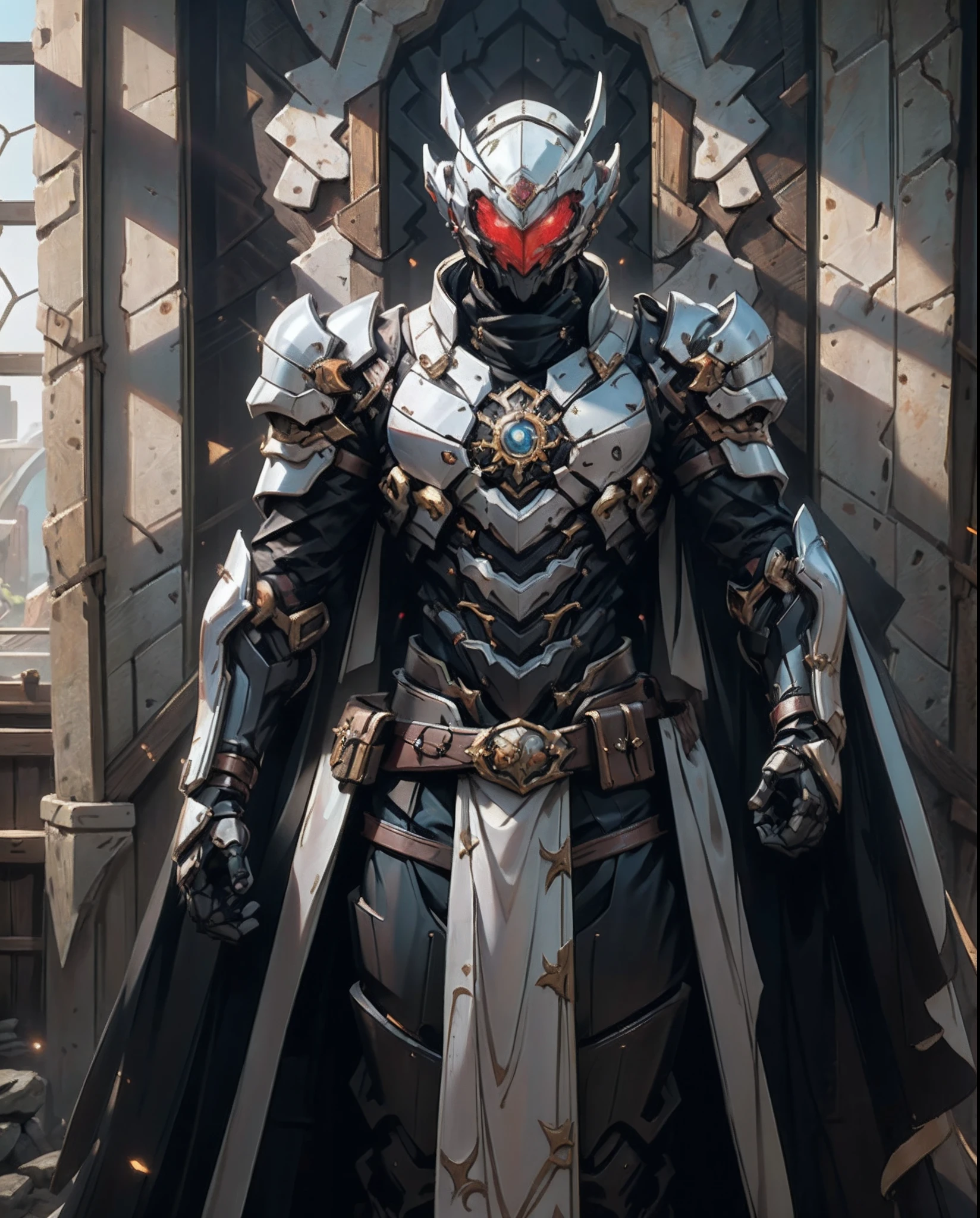 A man wearing a full-face helmet that covers most of his face, adorned in a biomimetic fantasy-style armor, the predominant black color is accented with red textures in the design this character embodies a finely crafted fantasy-style armored warrior design in anime, characterized by a sophisticated and mature manga art style, ((character concept art)), high definition, best quality, ultra-detailed, extremely delicate, anatomically correct, symmetrical face, extremely detailed eyes and face, high quality eyes, creativity, RAW photo, UHD, 16k, (Natural light, cinematic lighting, masterpiece:1.5)