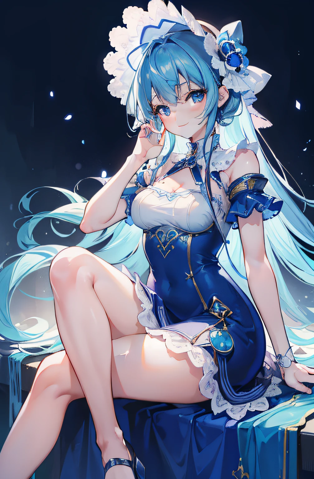 1 girl, beautiful, (((masterpiece))), ((good anatomy, cute body, professional lighting, detailed face)), (good face, very cute), beautiful dress, blue flowing dress, bonnet, smiling, safe for work, sitting on hill, high res, absurdres