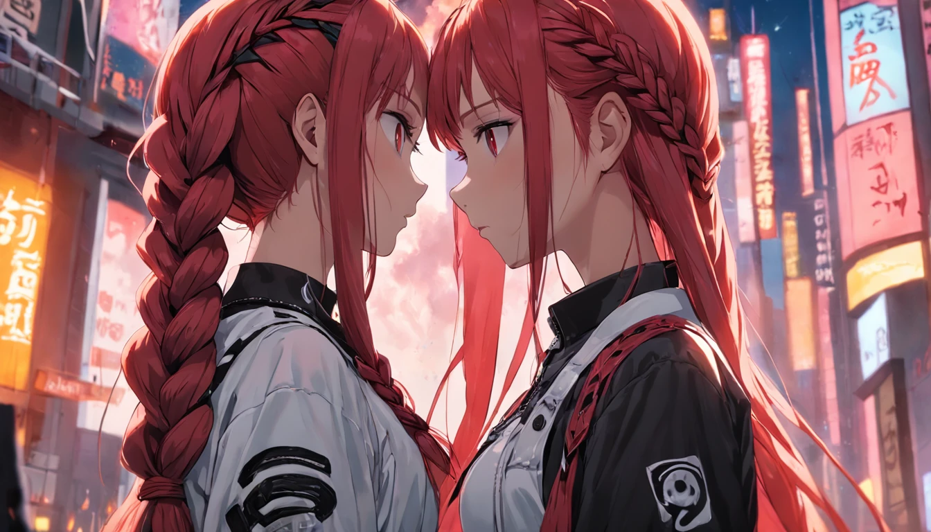 Female white model with long red hair braid in punk y2k clothes