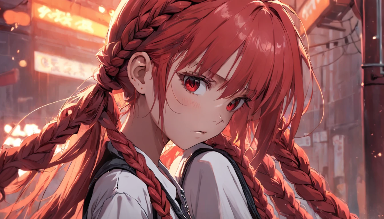 Female white model with long red hair braid in punk y2k clothes
