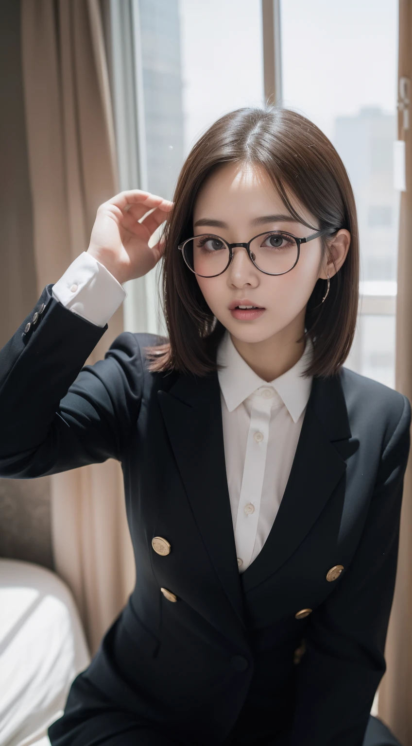 masterpiece、8K、Raw photography、(reallistic:1.4)、High-definition mouth、The eyes are high definition、Shiny skin、big eye、Round face,Double eyes、Puffy eyes、Medium-breasted women, (Bob Hair:1.4)、Medium hair、half-opened mouth、Provocative facial expressions、One lady、25-years old, selfee、sad Facial expression、Bold and obscene poses、huge window、sitting on、Hands behind the head、The upper part of the body、Woman with glasses、Lace curtains blowing in the wind、Woman in suit、Formal、film grains、Movie Light、Milk is coming out of my mouth