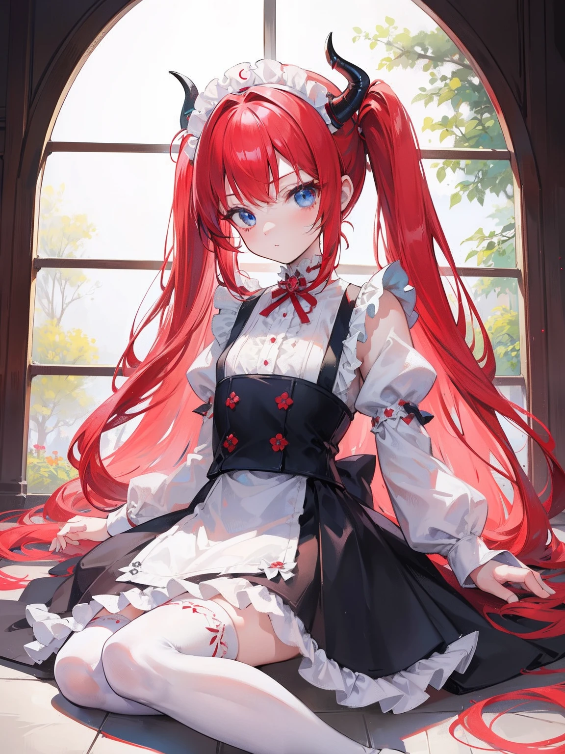 red hair,blue eyes,twintails,maid, long hair, long sleeves, gothic, solo, loli,Short skirt, white stockings,{{best quality}}, {{masterpiece}}, {{ultra-detailed}}, {illustration}, {detailed light}, {an extremely delicate and beautiful},little girl,cute,dragon horns
