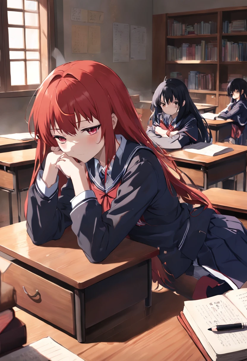 Two high school students,One is the long black and red hair of an anime girl sitting in a classroom in a school uniform,Sleep on the table,Next to it is a short black haircut,Anime boy in school uniform,Two high school students had a stack of books in front of them,The sun is shining outside the window,
