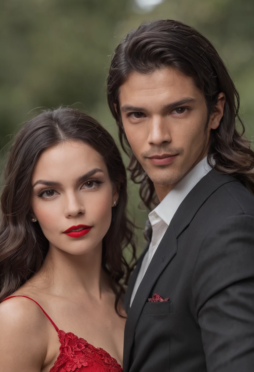 Homem forte de terno preto e mulher de vestido vermelho, um casal elegante, Lovely couple, romantic couple, homem e mulher, Photo Session, com longos cabelos pretos, Homem e mulher apaixonados, foto de retrato, pose de casal, par, attractive female, vestindo roupas pretas elegantes, com cabelos pretos, apelo masculino alta moda, Fumegante, muito intenso, sensual, homem musculoso, musculos