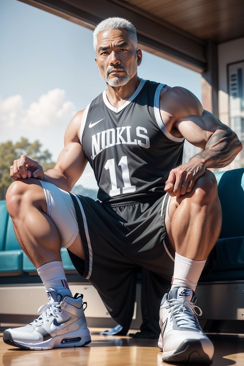 50-year-old middle-aged man,Man,grampa,Height 195,Asian people,sitting in the couch,God perspective,The eyes are about to face each other,Chinese men,musculature,Lift one foot,Wearing a silver Nike basketball vest,Silver gray basketball pants,The number 12 is written on the basketball suit,Silver gray Nike high-leg basketball shoes,Cord,Chains,Ferocious and ferocious,The background is outdoors,There is no basketball,Hold your hands on your knees