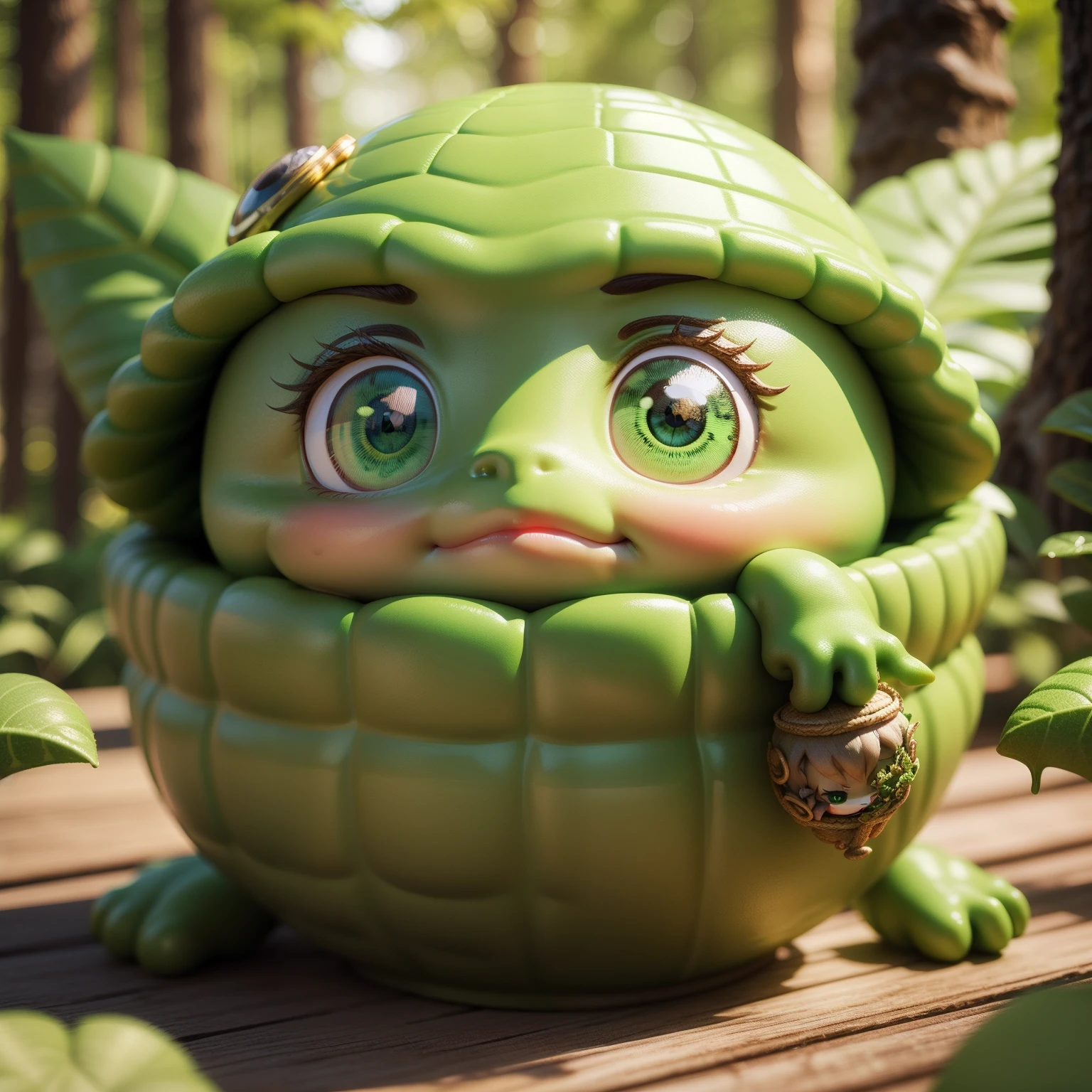 Cute **** Chibi Anime、(((Chibi 3D))) (Best Quality), (masutepiece)、Chibi Yokai、Green slimy skin、Reptile green face、Green cane、fairy tale forest、Green fruits grow