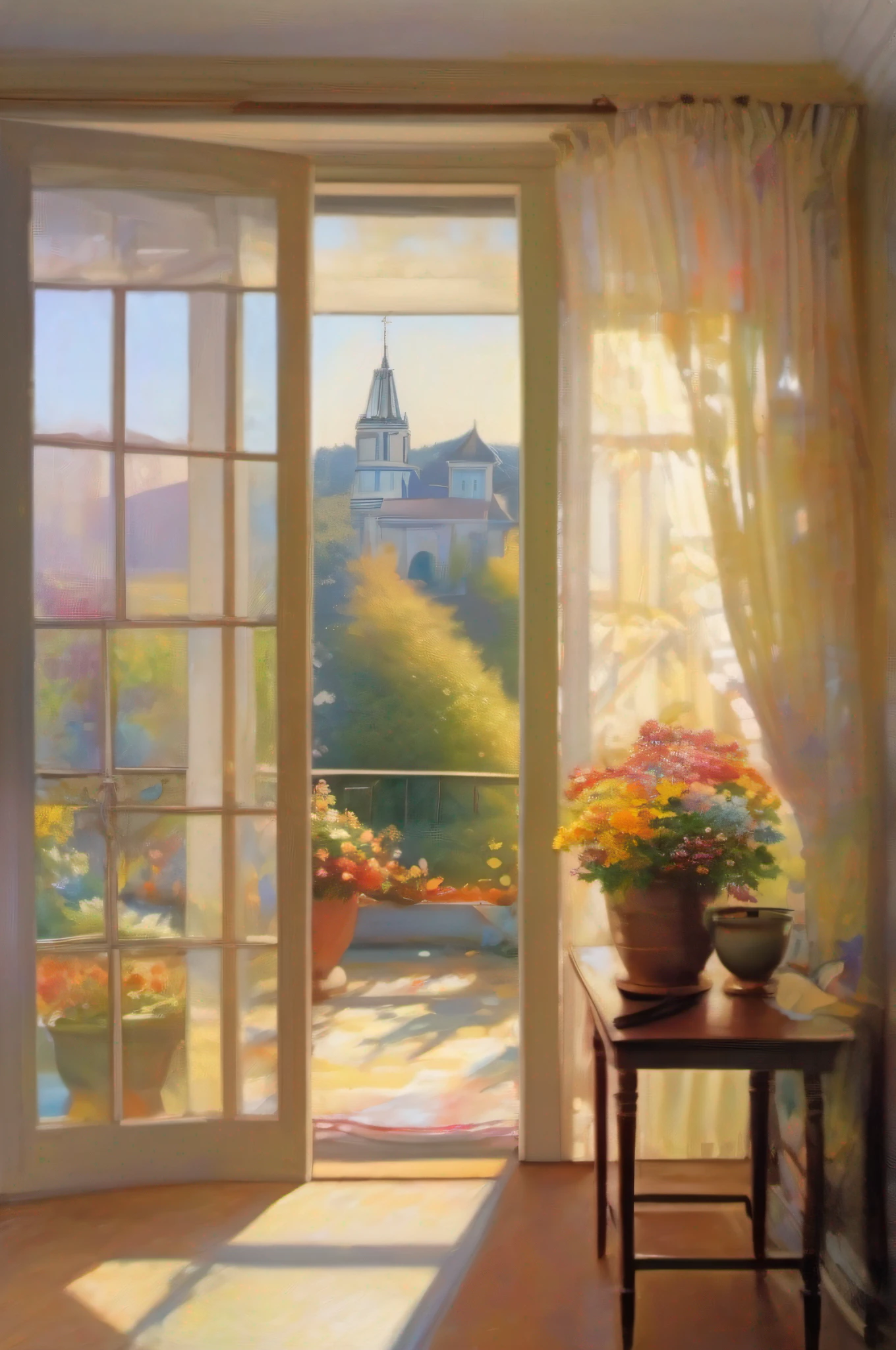 Interior, morning sunrays cut through transparent white FLOWING curtains on floor-to-ceiling windows, mottled tree shadows on the ground. A delicate small pot of colorful flowers on the windowsill. The petals appear transparent in the sunlight. Through the wooden door frame, you can see the outdoor trees and church in the distance, pastel colored palette, soft, smooth, ray tracing, volumetric lighting, serene, elegant and graceful, Victorian