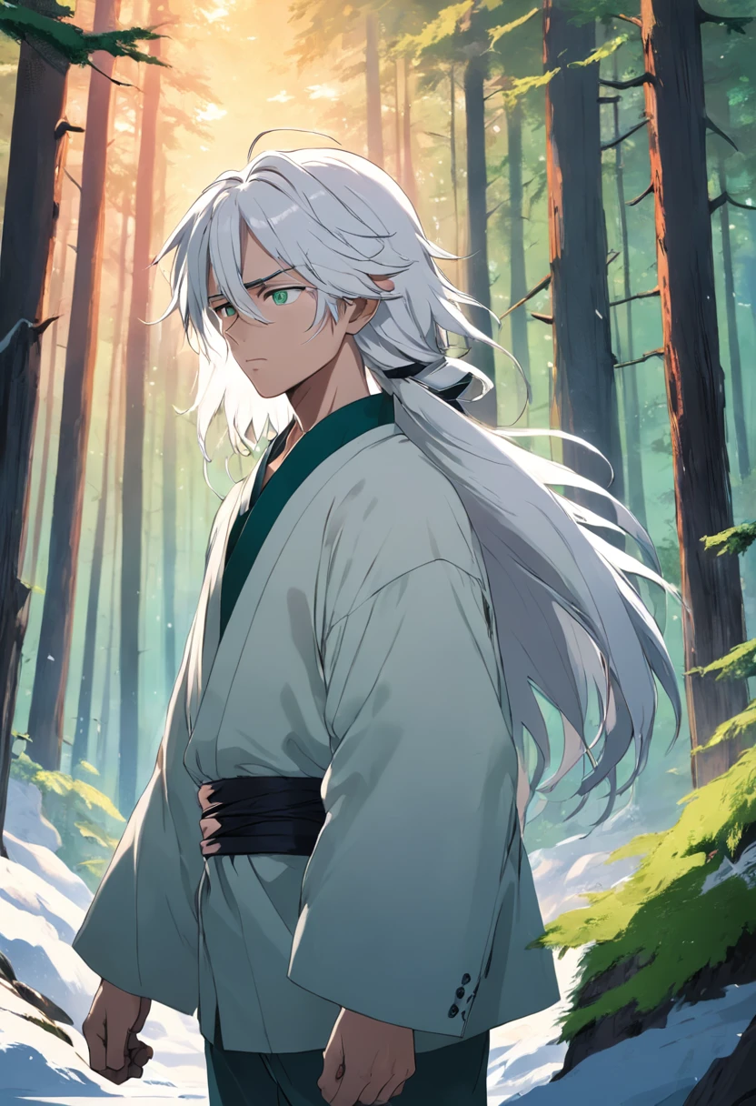 man, walking, faceforward, white hair, left eye closed, green eyes, around thiry years old, wide shoulder, snowy forest background, caucasian, hair longer than ears, not shaved, wide jaws