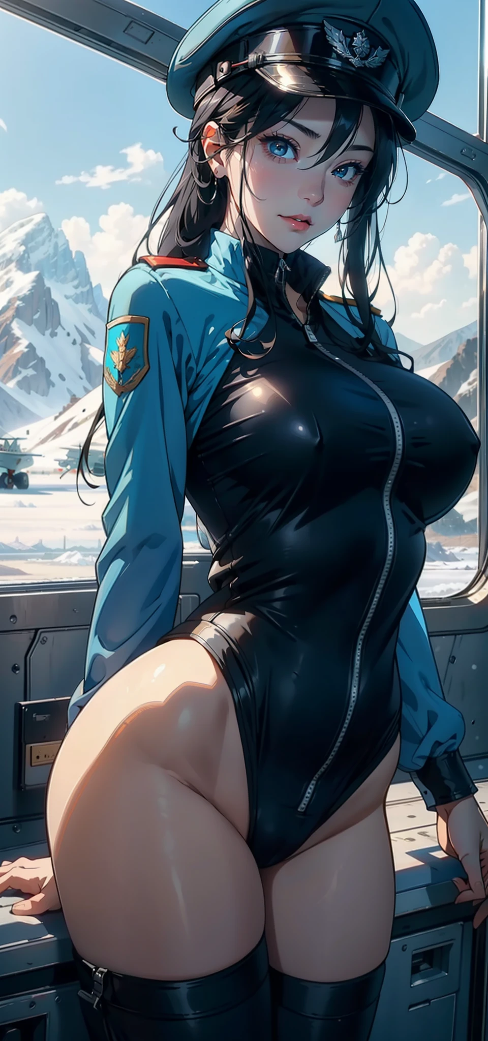 1female，35yo，A MILF，mature，plumw，extremely large bosom， 独奏，（Background with：aerodrome，Planes，snow mountains，at winter season，Snow on the ground，exteriors，） She has long black hair，Stand on the plane，，seen from the front， hair straight， mostly cloudy sky，（（（tmasterpiece），（Very detailed CG unity 8K wallpaper），best qualtiy，cinmatic lighting，detailed back ground，beatiful detailed eyes，Bright pupils，Blue eyes，（Very fine and beautiful），（Beautiful and detailed eye description），ultra - detailed，tmasterpiece，）），facing at camera，A high resolution，ultra - detailed），revealing breasts，Bare genitalia，  Bulge，legs are open，Raised sexy，Camel toes，Flushed complexion，Desire for dissatisfaction，frontage，Soviet Air Force，Officer's cap（Wearing：Green transparent bomber jacket，Black jumpsuits）