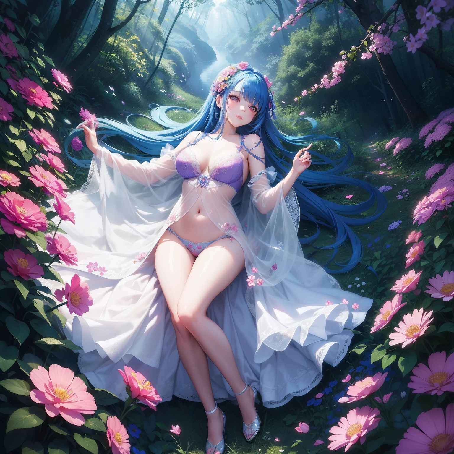 Vivid colors, Fantastic atmosphere, Delicate flowers, Gentle sunshine, a beauty girl,Blue hair long hair, Gentle expression, Fantastic beauty, Lace pink thin lingerie, Elegant Pose, full body seen、In a forest full of flowers, Quiet atmosphere, artistic composition