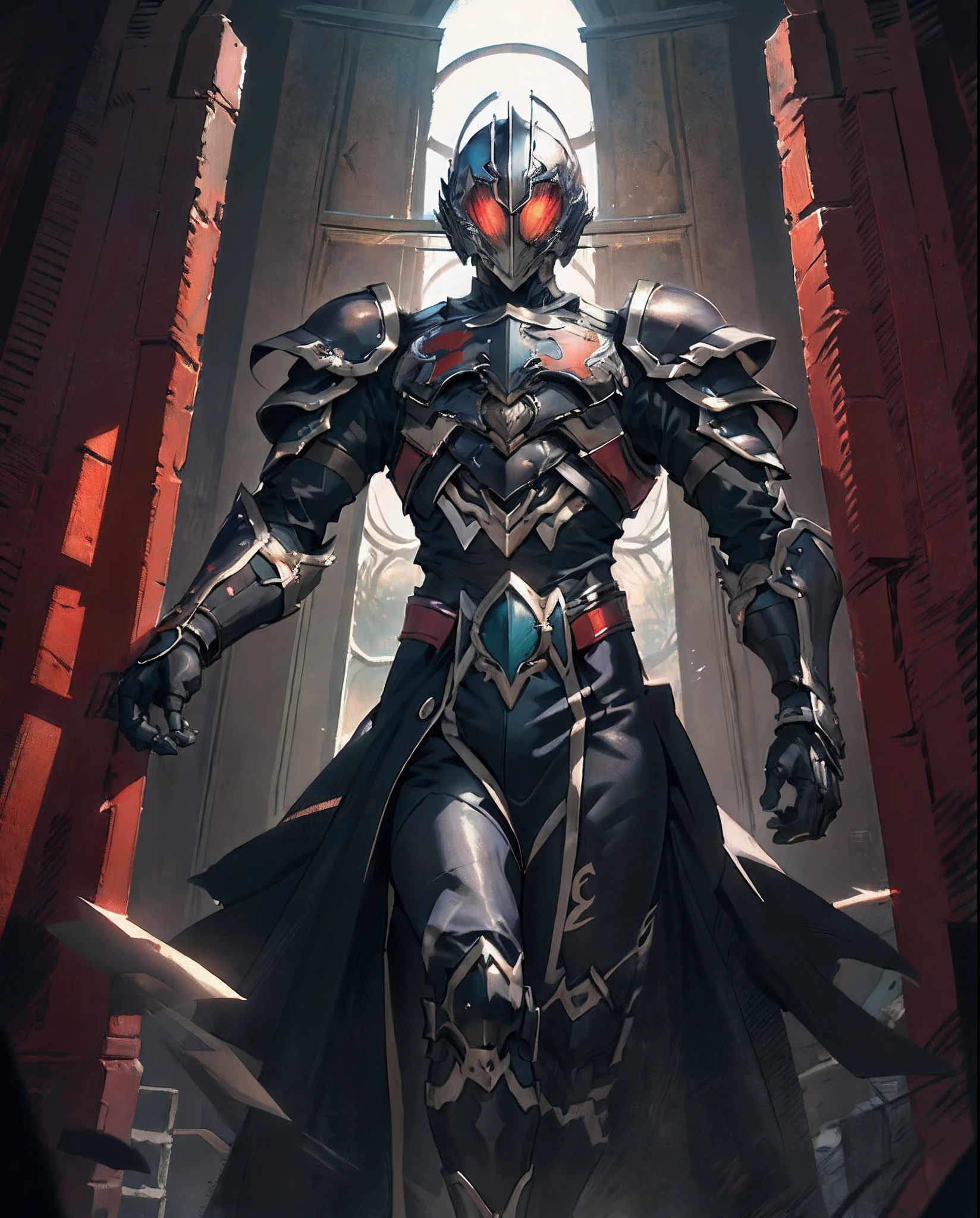 A man wearing a full-face helmet that covers most of his face, adorned in a biomimetic fantasy-style armor, the predominant black color is accented with red textures in the design this character embodies a finely crafted fantasy-style armored warrior design in anime, characterized by a sophisticated and mature manga art style, ((character concept art)), high definition, best quality, ultra-detailed, extremely delicate, anatomically correct, symmetrical face, extremely detailed eyes and face, high quality eyes, creativity, RAW photo, UHD, 16k, (Natural light, cinematic lighting, masterpiece:1.5)