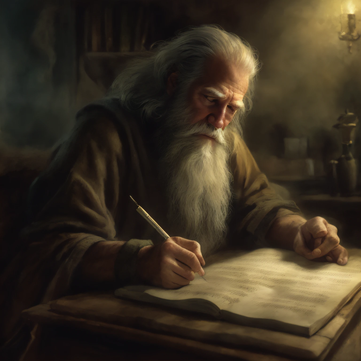 man with long white beard writing in a book, by Daniel Ljunggren, biblical illustration, by Edwin Georgi, by Artur Tarnowski, biblical painting, jeremiah, by Scott Gustafson, by Pablo Munoz Gomez, by Emile Lahner, biblical image, by Aleksander Gierymski