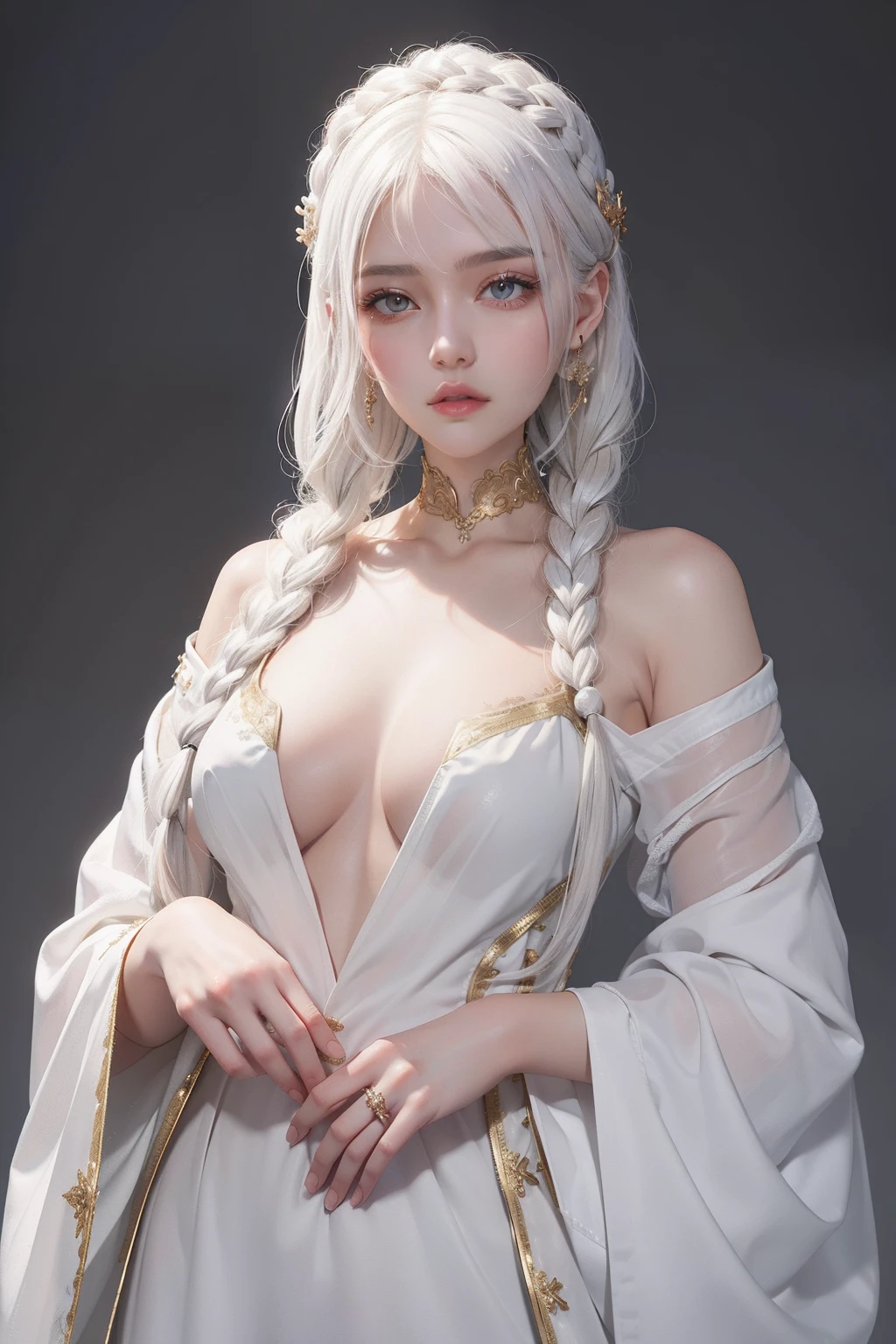 top-quality、masterpiece、white hair、Gold Eye、white clothes、look up to、The upper part of the body、Hair strands、light skinned、Side braid、Looking at the viewer sadly、are visible、Beautiful nipples、Smaller chest、See-through clothing